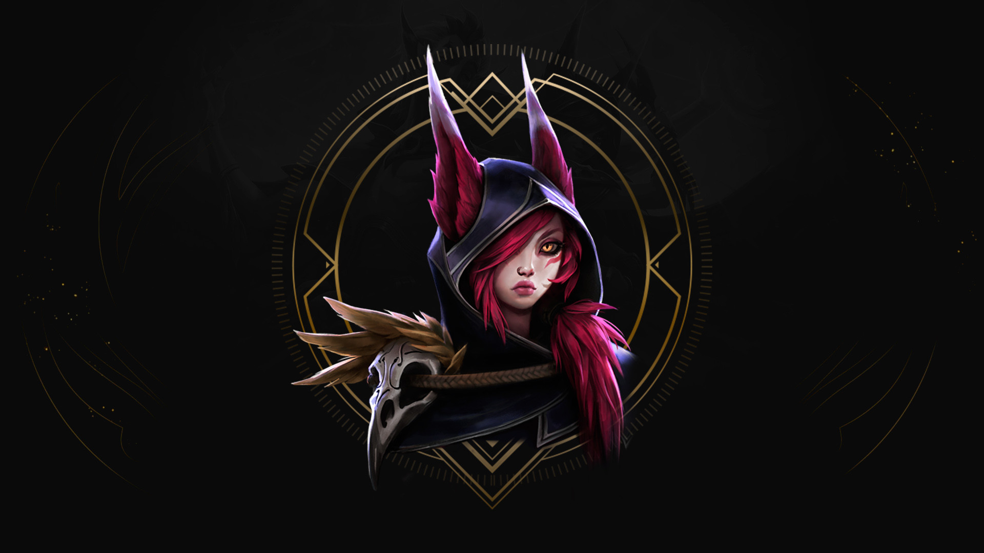 Xayah, League of Legends, Emblema, Sfondo nero, 16:9 Full HD, wallpaper widescreen