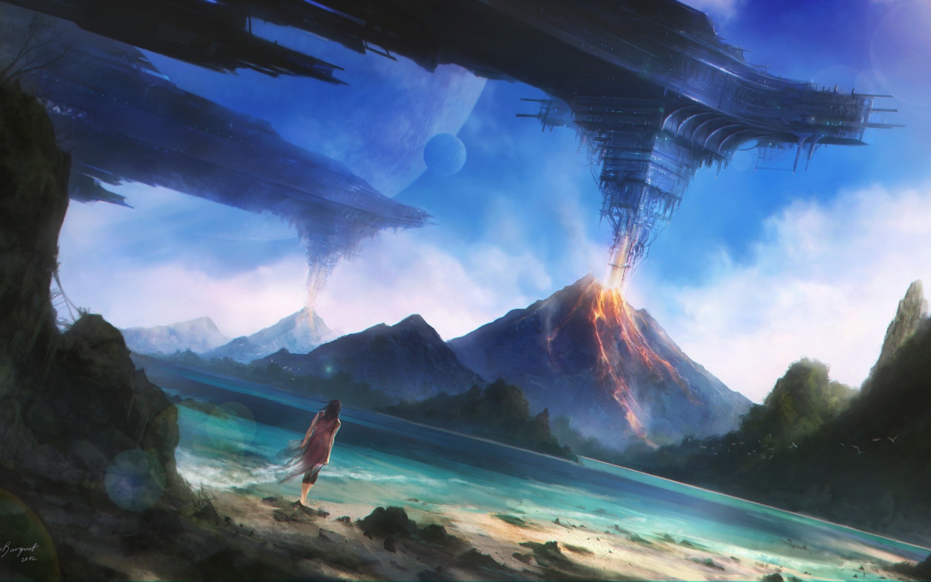 Isole volanti, Vulcano, Spiaggia, Fantascienza, Paesaggio fantasy, sfondo 1920x1200 per PC
