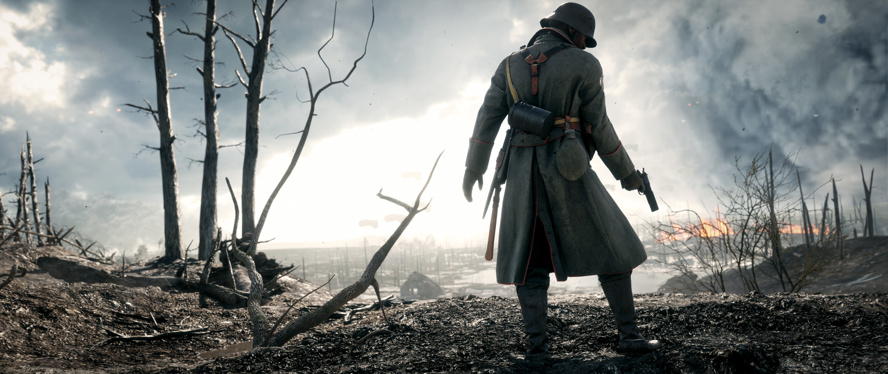 Battlefield 1, Soldato tedesco, Prima guerra mondiale, Campo di battaglia, Alberi spogli, sfondo 1440p