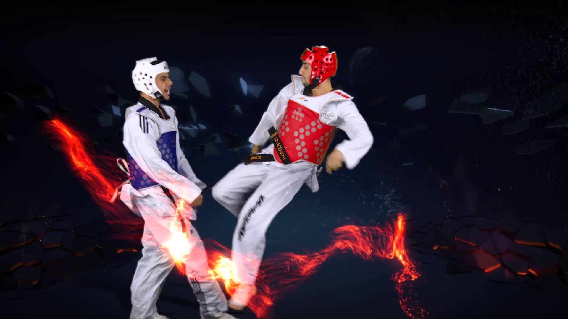 Taekwondo, Combattimento, Calcio volante, Fiamme, Casco rosso, 16:9 Full HD, sfondo widescreen