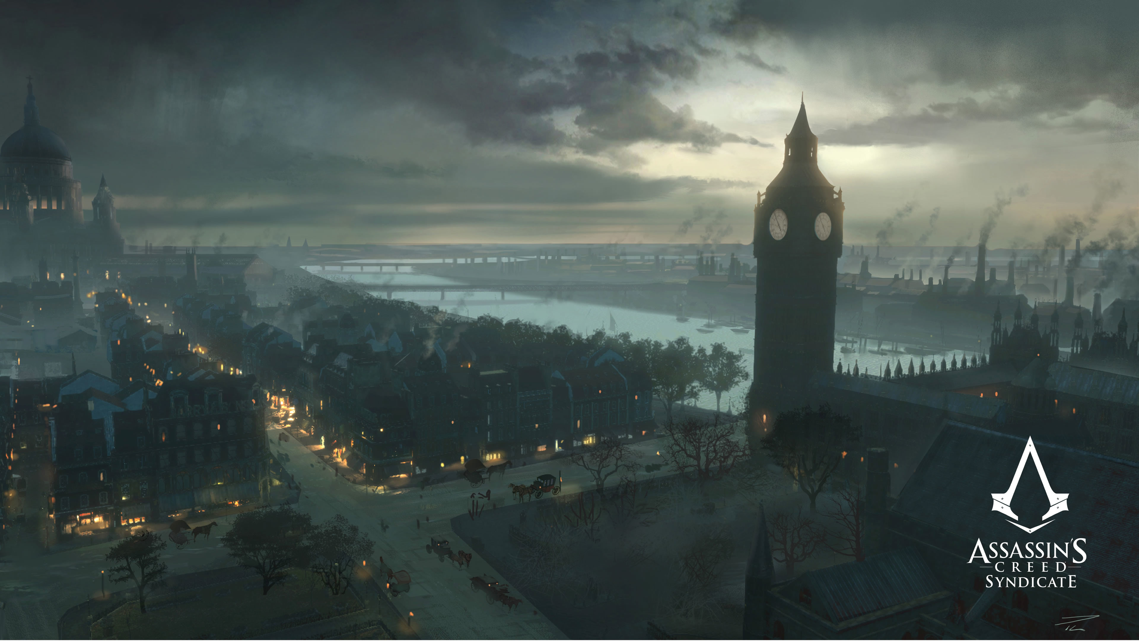 Assassin's Creed Syndicate, Big Ben, Tamigi, Londra, Notte, Vista aerea, 4K Ultra HD
