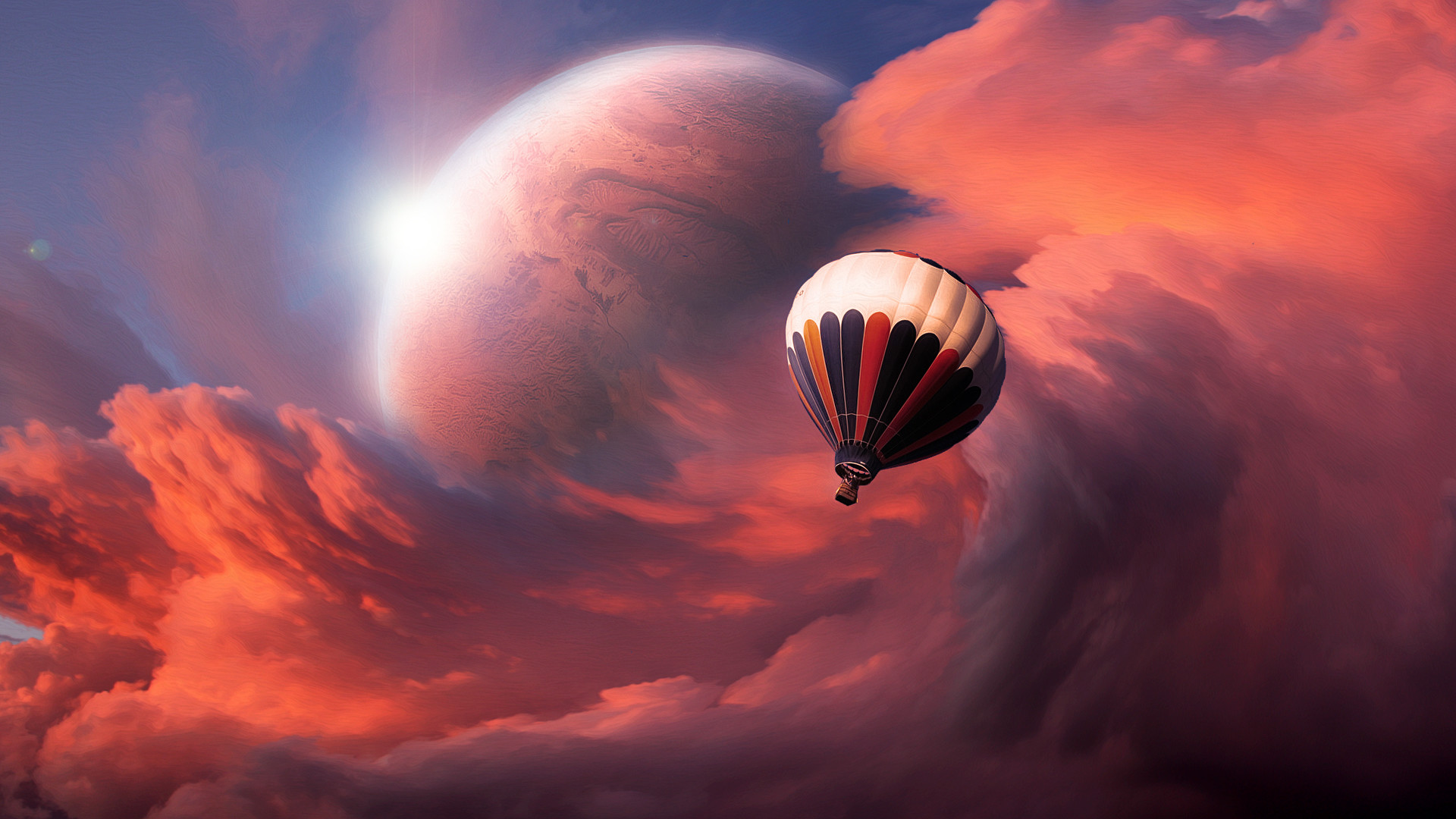 Mongolfiera, Pianeta, Nuvole rosse, Surreale, Fantasy, Cielo, Full HD, sfondo desktop
