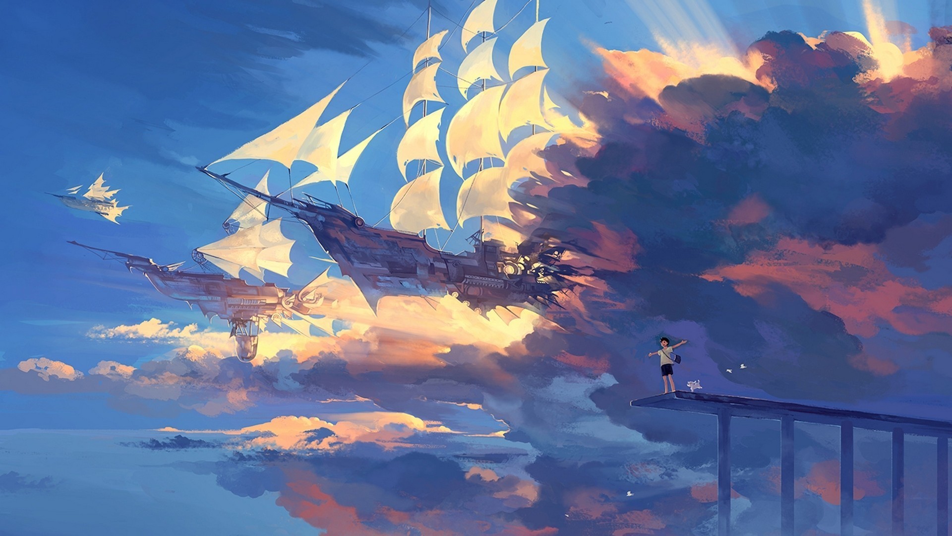 Nave volante, Cielo, Nuvole, Fantasy, Full HD, sfondo desktop
