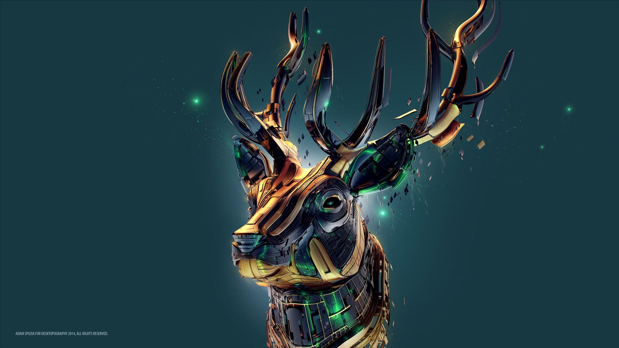 Cervo, Arte digitale, Stile metallico, Sfondo verde acqua, 16:9 2K, wallpaper widescreen