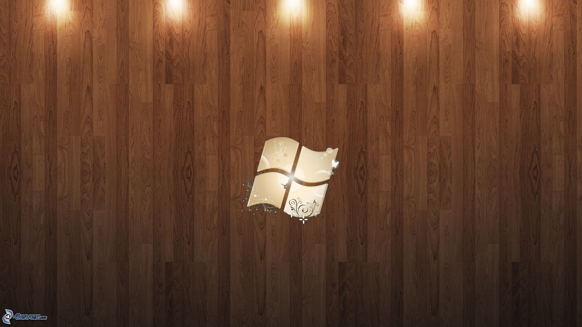 Logo Windows, Microsoft Windows, Legno marrone, Faretti, Full HD, sfondo per PC