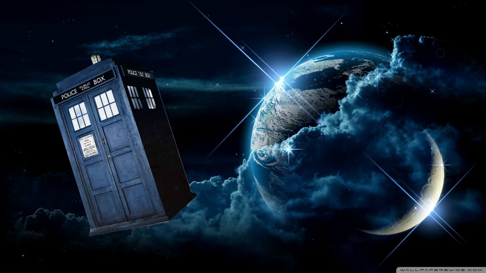 TARDIS, Doctor Who, Terra, Luna, Spazio, 16:9 Full HD, sfondo widescreen