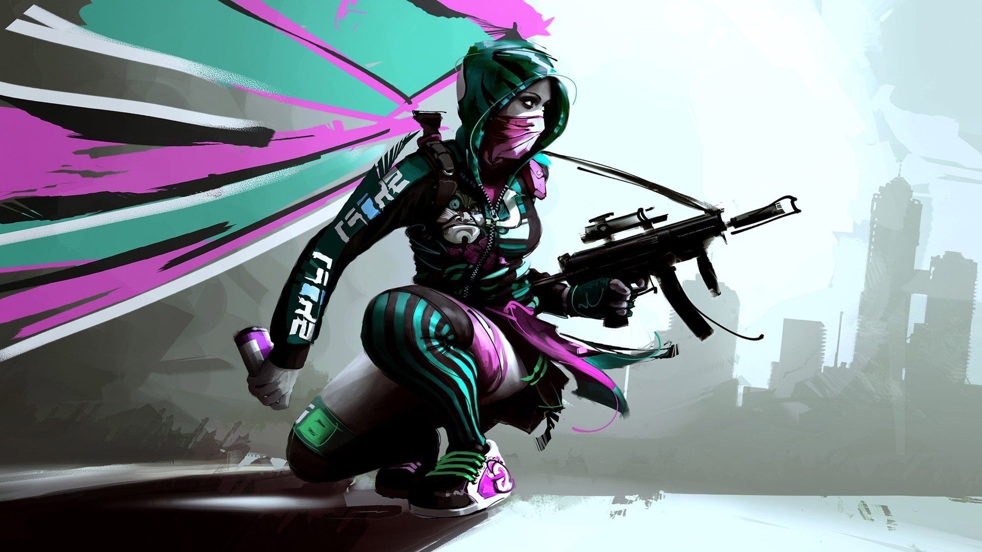 Ragazza anime, Fucile, Cappuccio, Arte digitale, Full HD, sfondo per PC e portatile