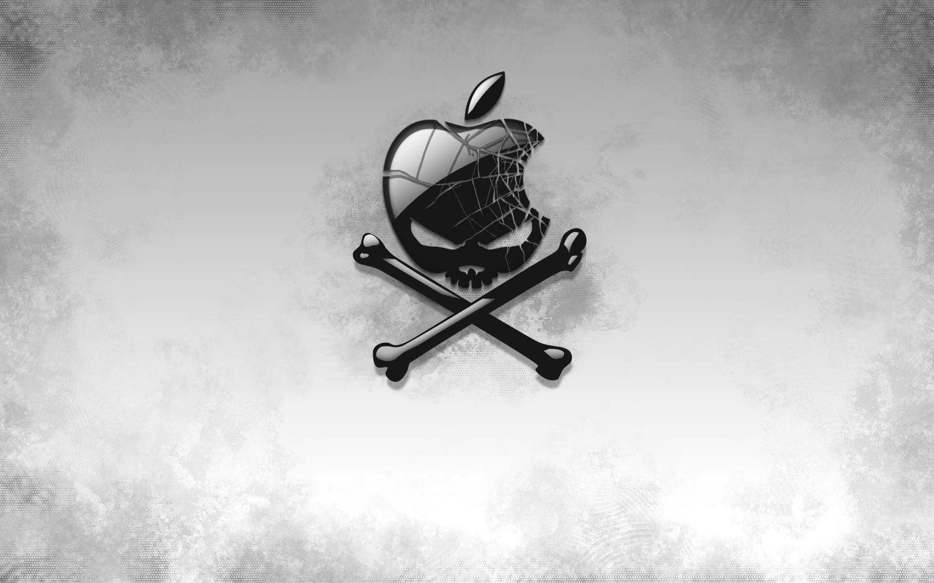 Logo Apple, Teschio e ossa, Pirata, Sfondo grigio, Grunge, Full HD, wallpaper Mac