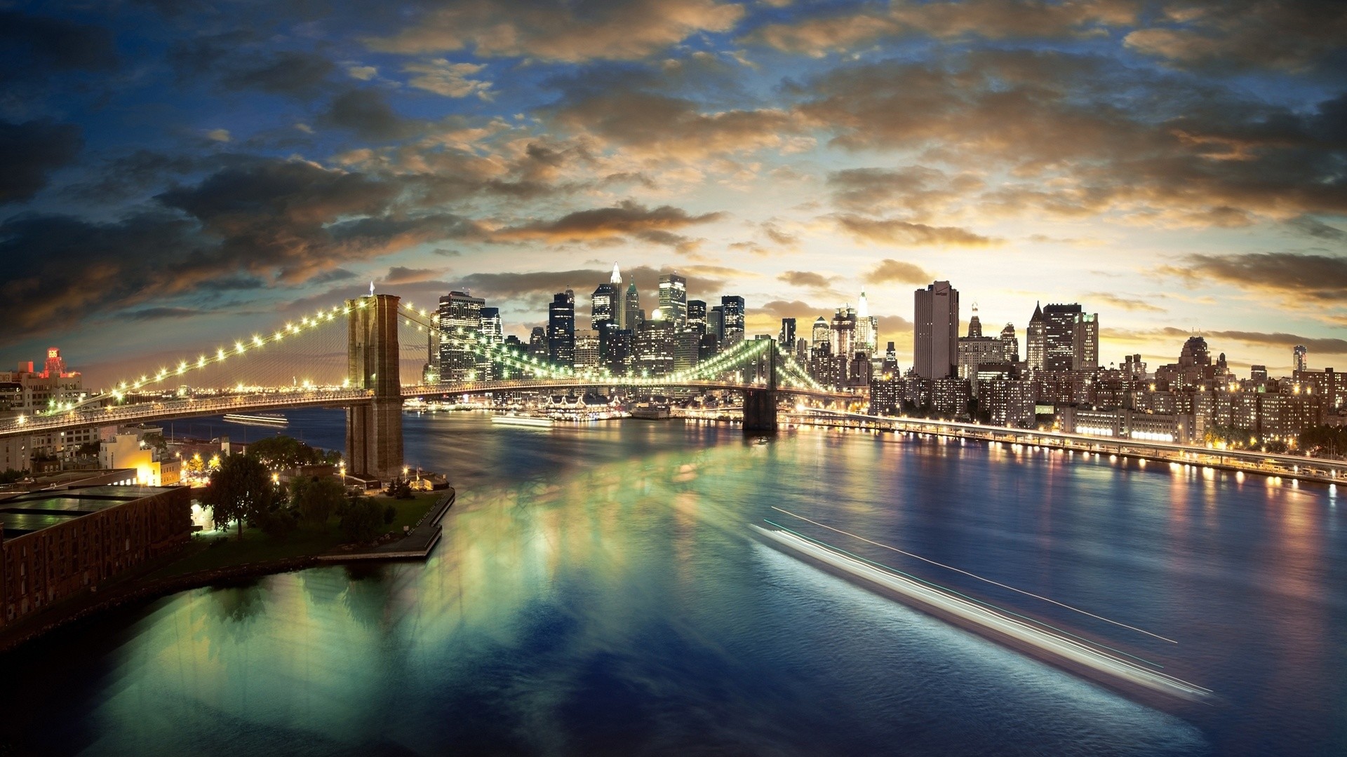 Ponte di Brooklyn, Manhattan, New York, Skyline, Crepuscolo, Full HD, sfondo per desktop