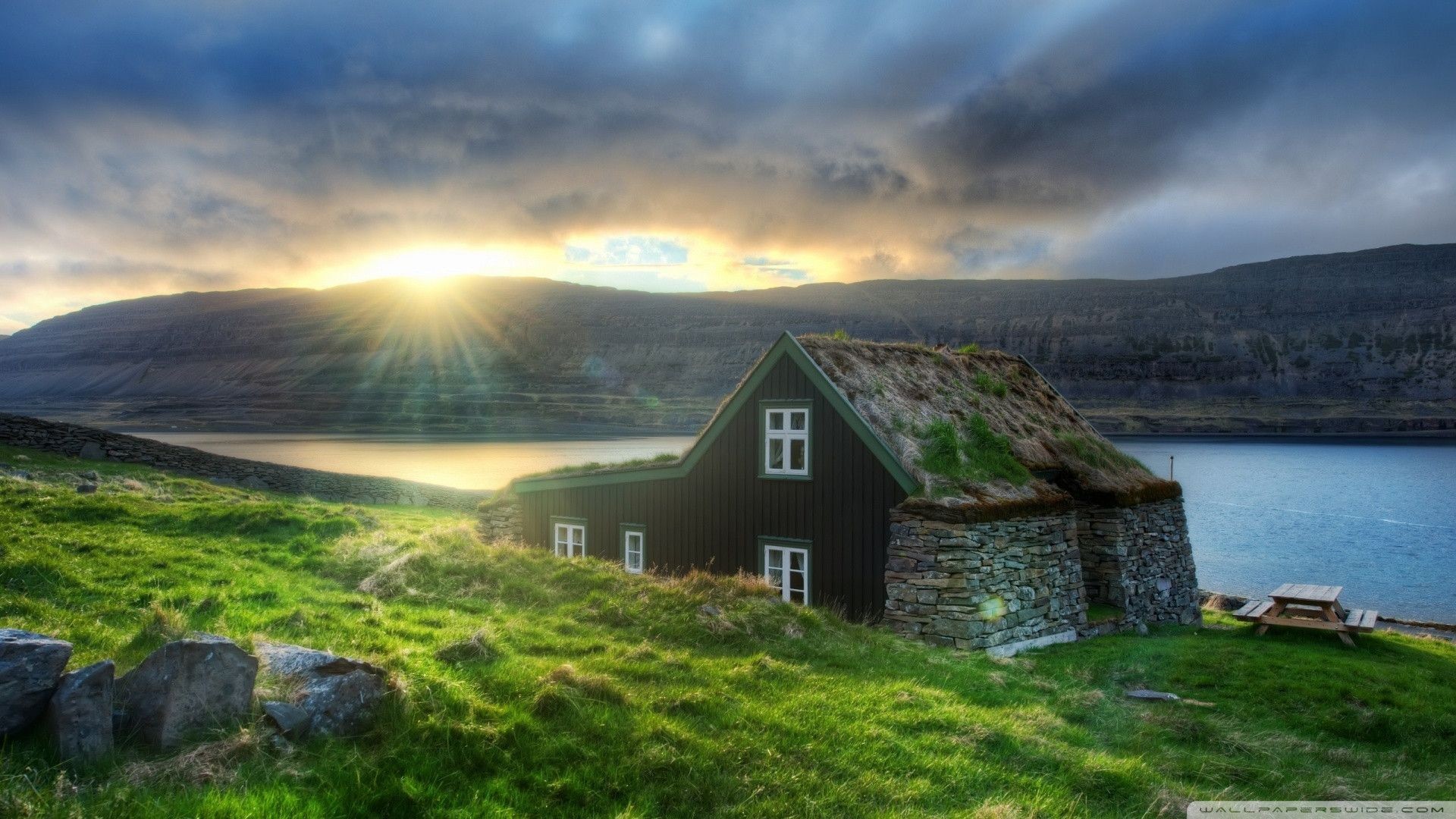 Cottage, Tetto d'erba, Irlanda, Tramonto, Collina, 1920x1080, immagine di sfondo