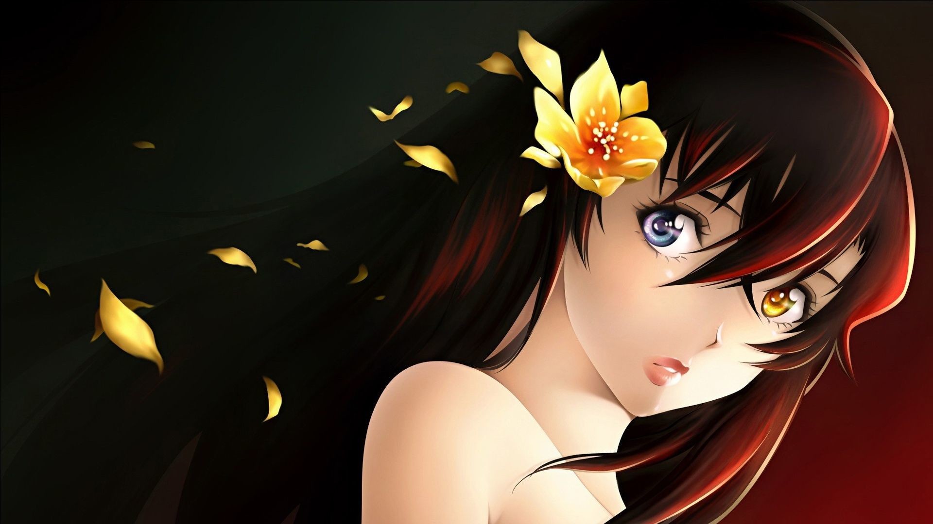 Ragazza anime, Fiore nei capelli, Petali, Capelli castani, Sfondo scuro, wallpaper 1920x1080