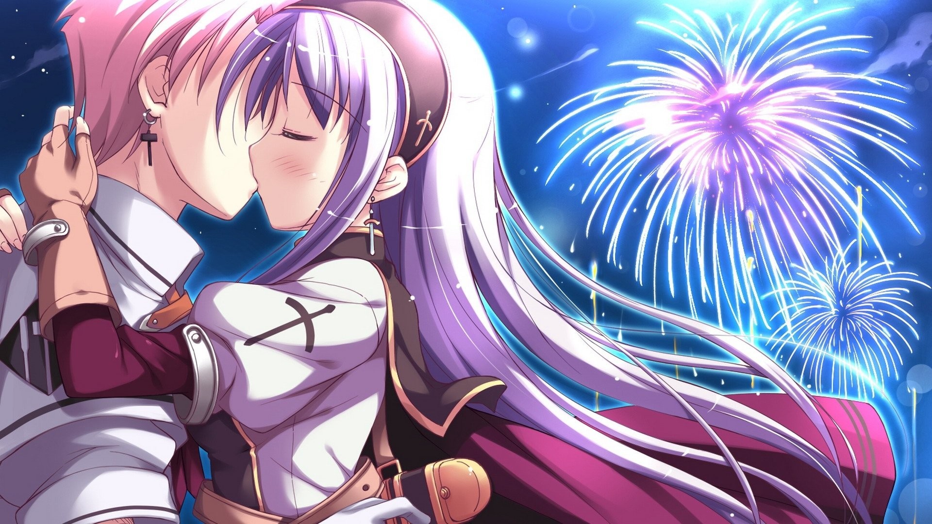 Ragazze anime, Bacio, Fuochi d'artificio, Yuri, 16:9 Full HD, sfondo widescreen