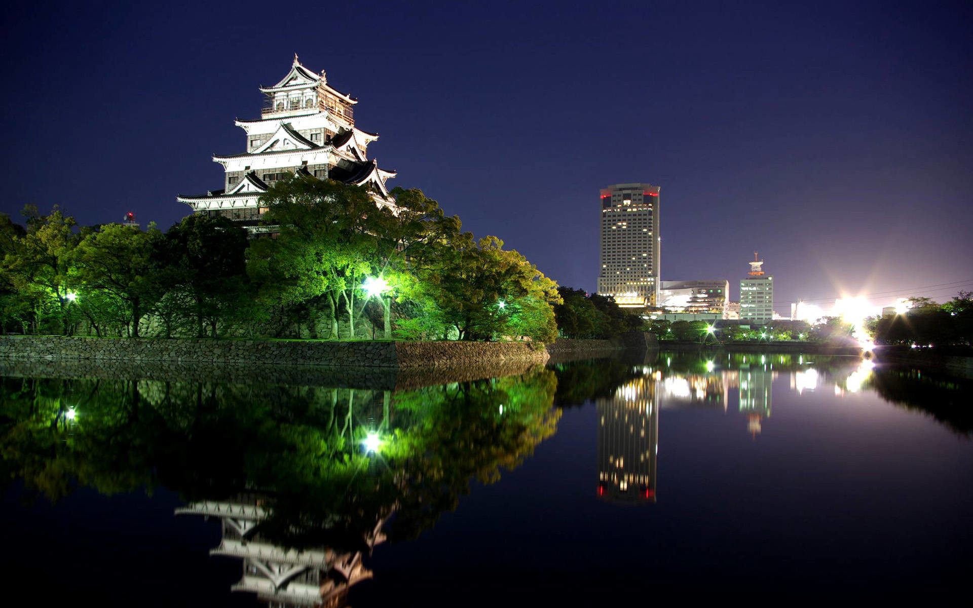 Castello di Hiroshima, Hiroshima, Giappone, Notte, Riflesso, 1920x1200, immagine di sfondo