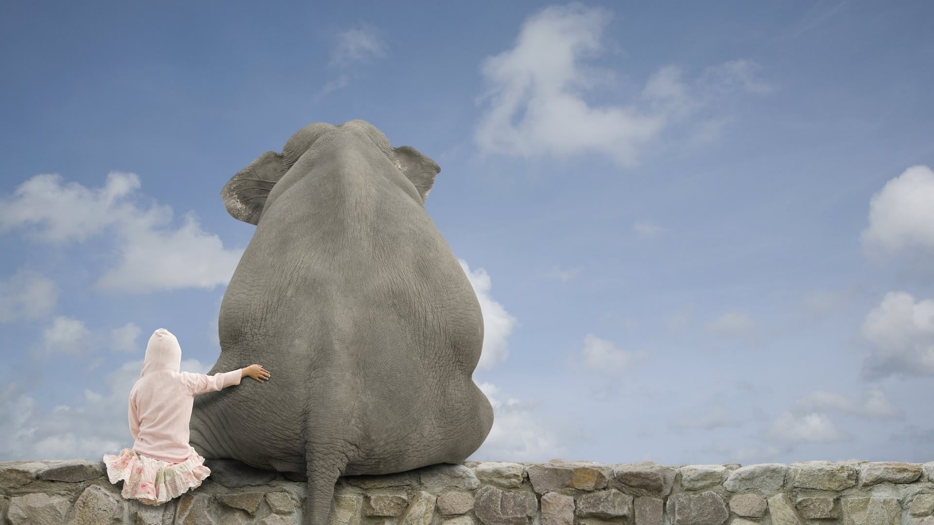 Elefante, Bambina, Muretto, Cielo, Full HD, sfondo PC