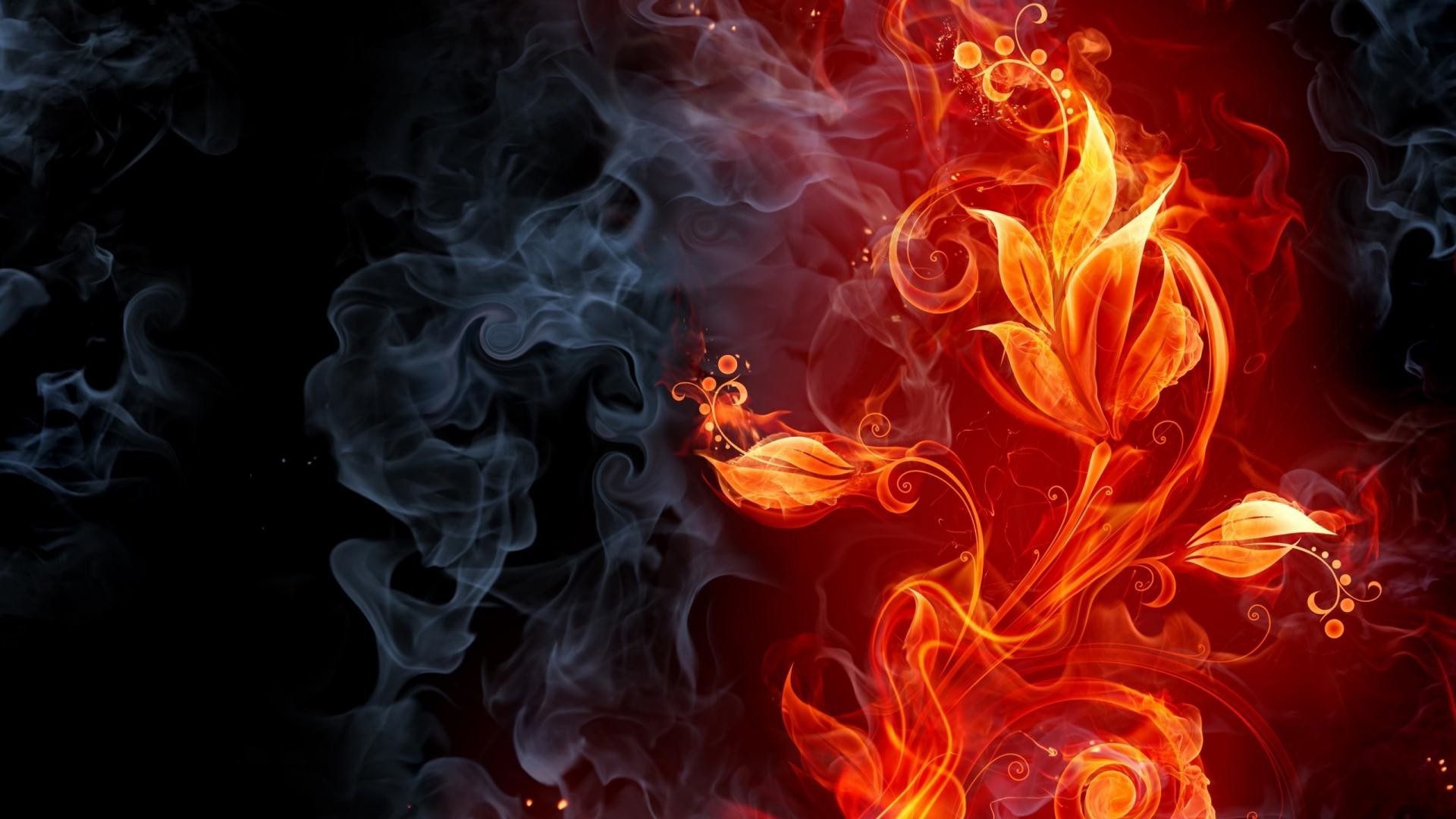 Fiore di fuoco, Fumo, Volute, Sfondo nero, 16:9 Full HD, wallpaper widescreen