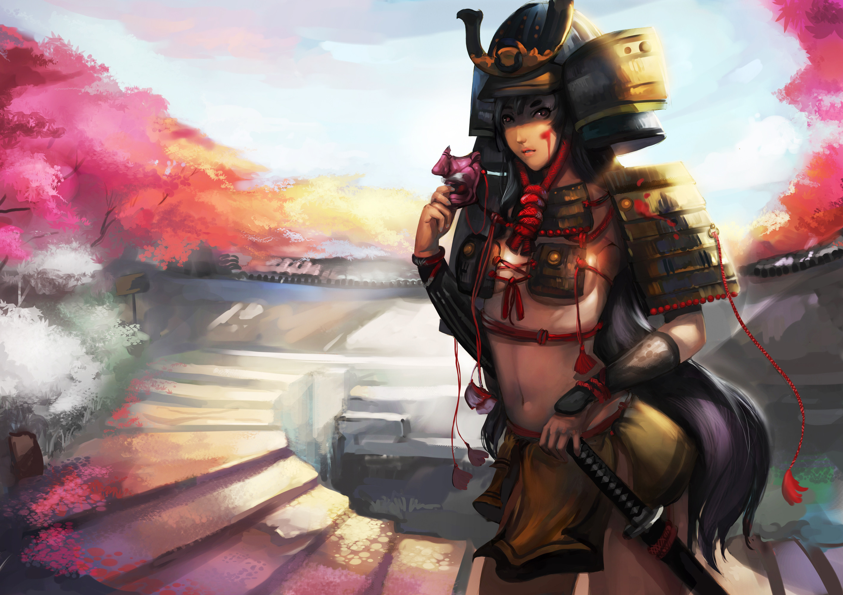Samurai, Elmo kabuto, Illustrazione, Ciliegi, 2K, sfondo per PC e portatile