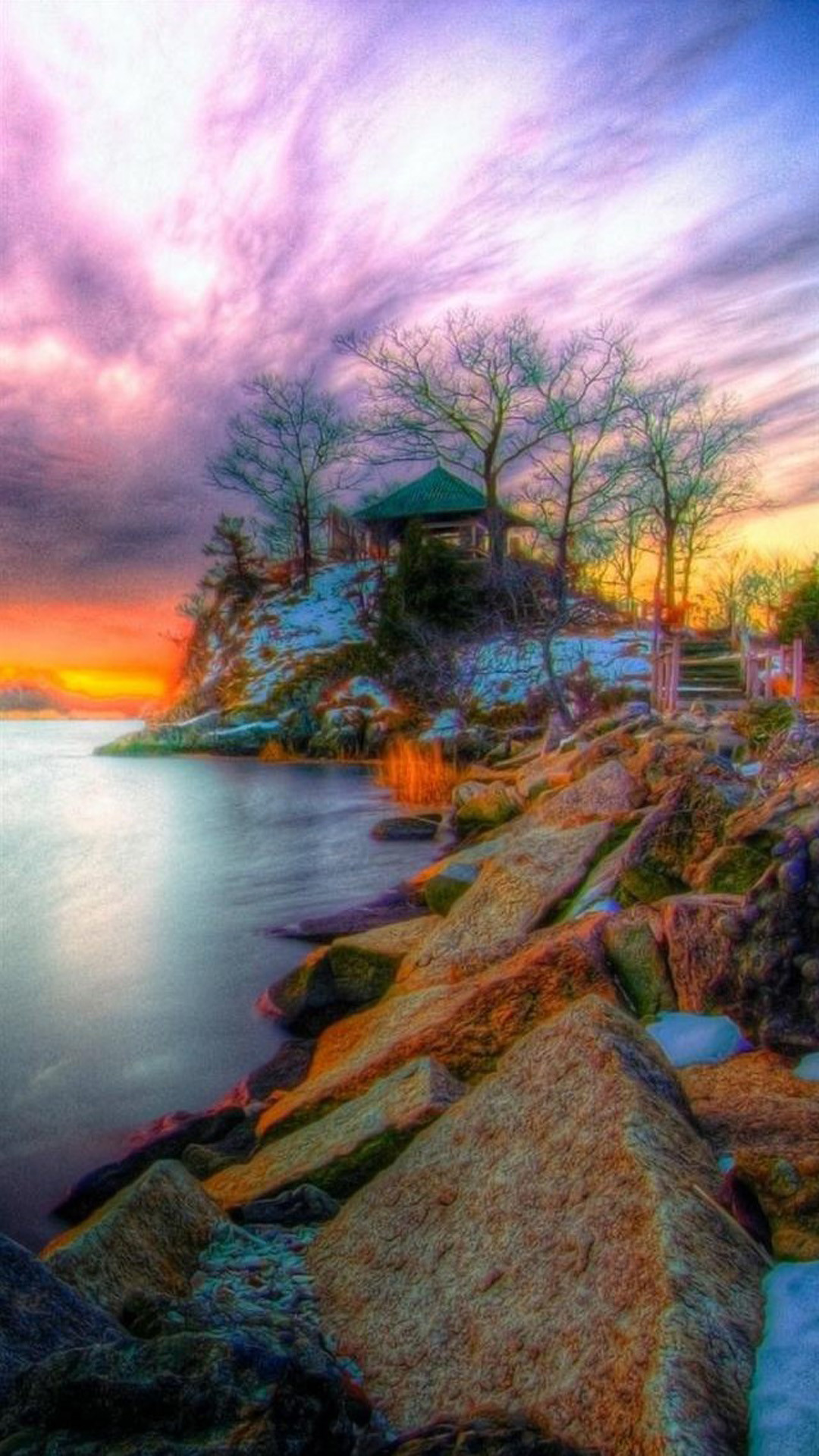 Lago, Rocce, Tramonto, HDR, Full HD, sfondo verticale per cellulare