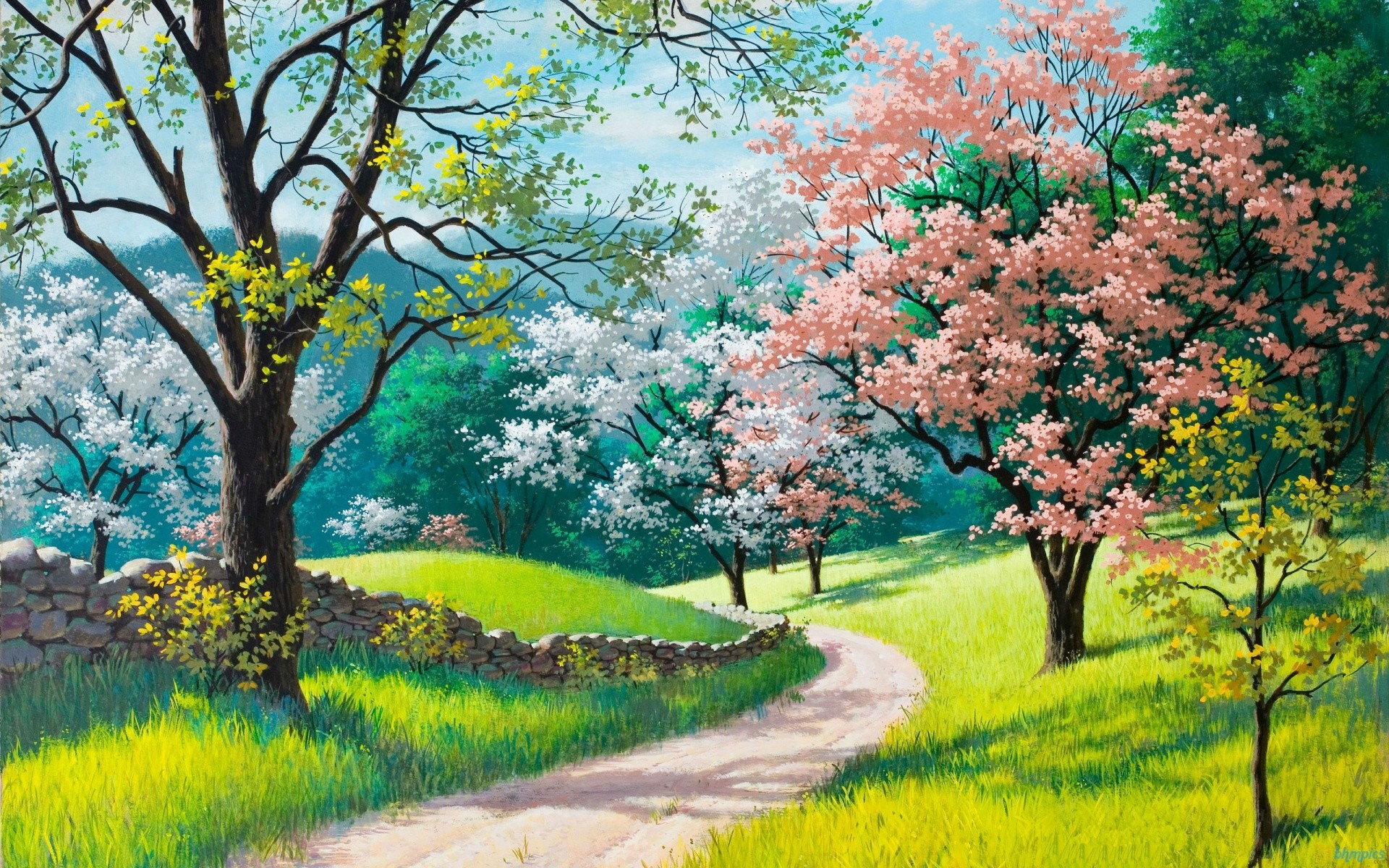 Alberi in fiore, Sentiero, Illustrazione, Prato, Full HD, wallpaper per portatile