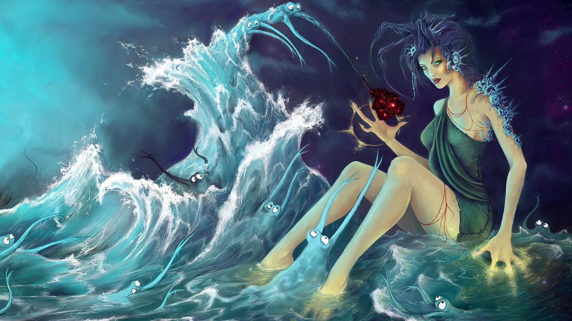 Ragazza fantasy, Onde, Arte digitale, Mare, Full HD, sfondo desktop