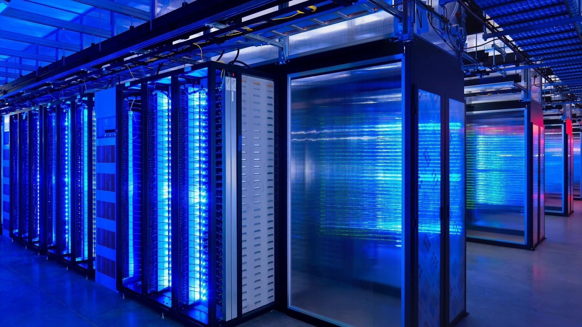 Data center, Server, Luci blu, Full HD, sfondo per portatile