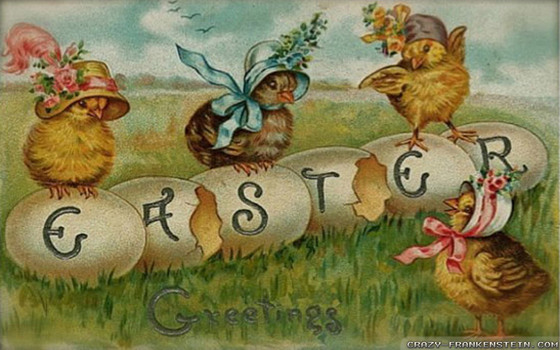 Easter Greetings, Pulcini, Uova di Pasqua, Cartolina vintage, Illustrazione d'epoca, sfondo Full HD