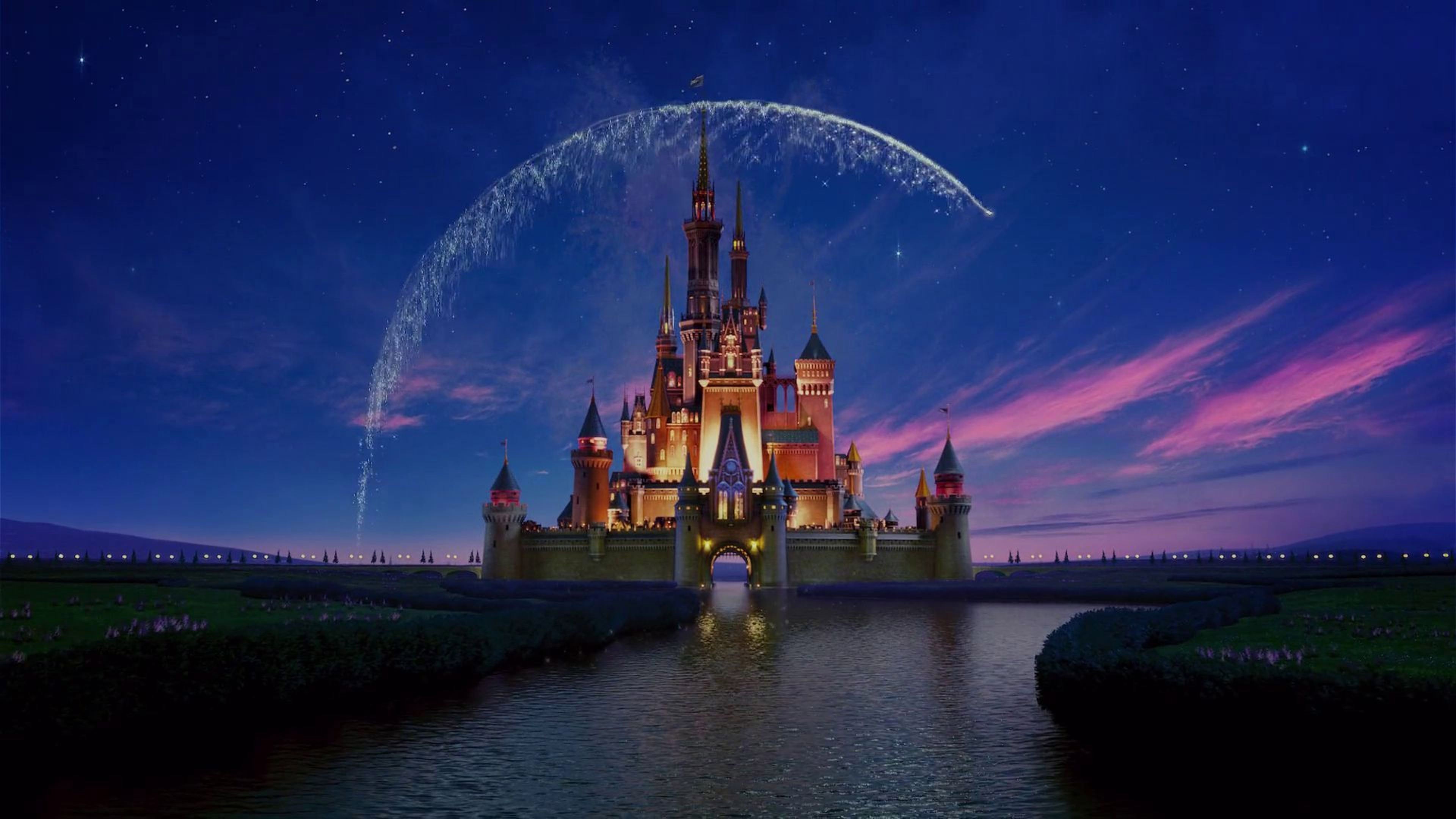 Castello Disney, Walt Disney Pictures, Fuochi d'artificio, Crepuscolo, sfondo desktop 4K