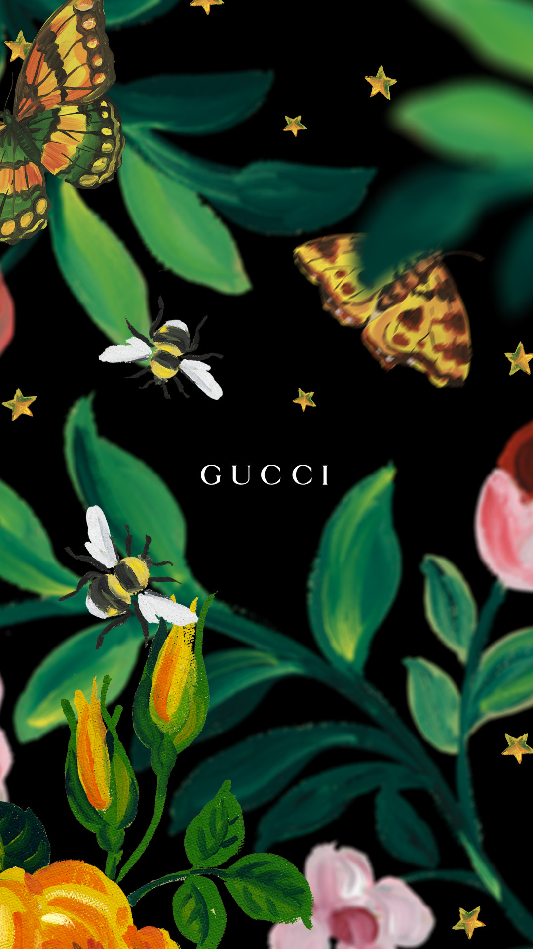Gucci, Farfalle, Api, Fiori, Sfondo nero, Full HD, schermata di blocco del cellulare
