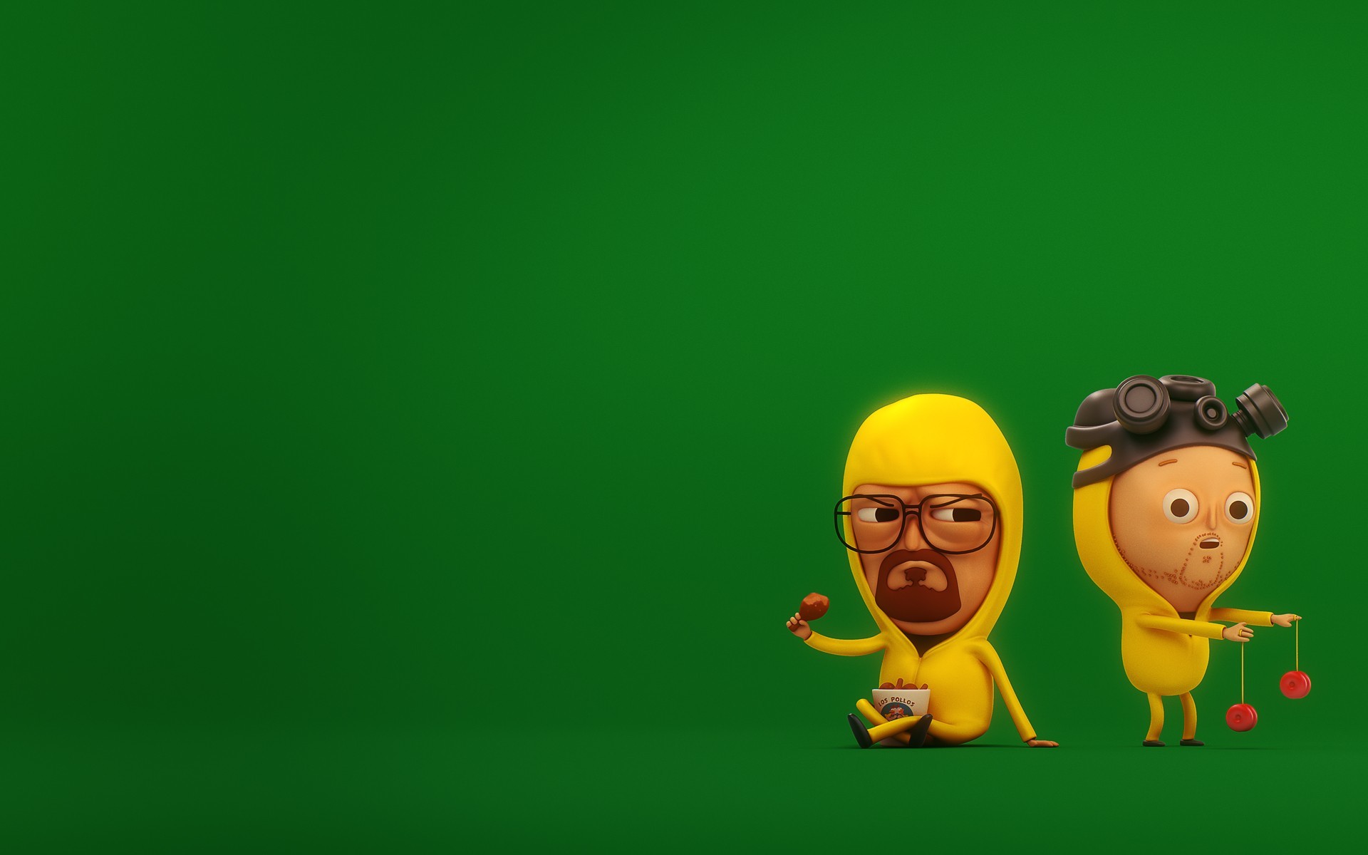 Walter White, Jesse Pinkman, Breaking Bad, Personaggi chibi, Tuta gialla, Sfondo verde, wallpaper desktop