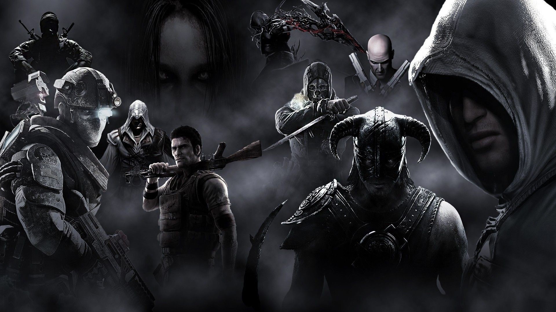 Assassin's Creed, The Elder Scrolls V: Skyrim, Hitman, Videogiochi, Bianco e nero, sfondo Full HD