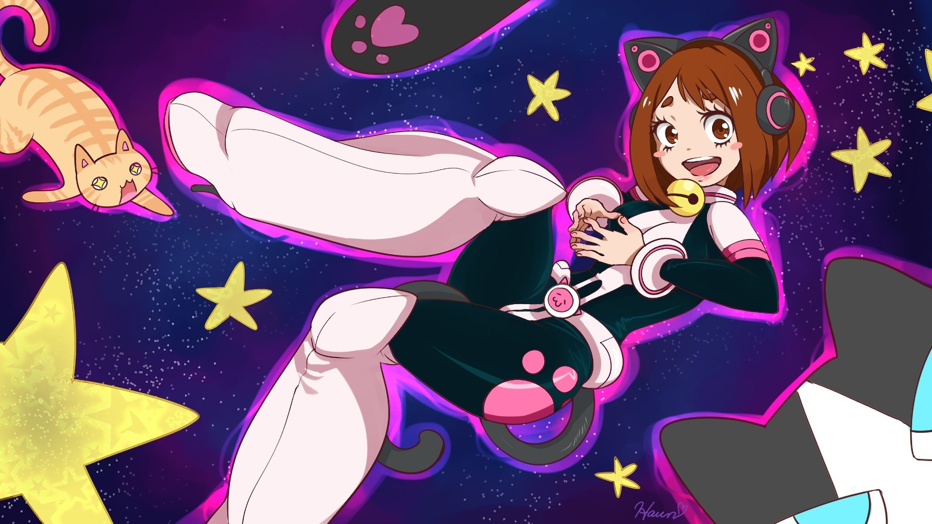 Ochaco Uraraka, My Hero Academia, Gattini, Stelle, Cuffie, Full HD, sfondo per portatile