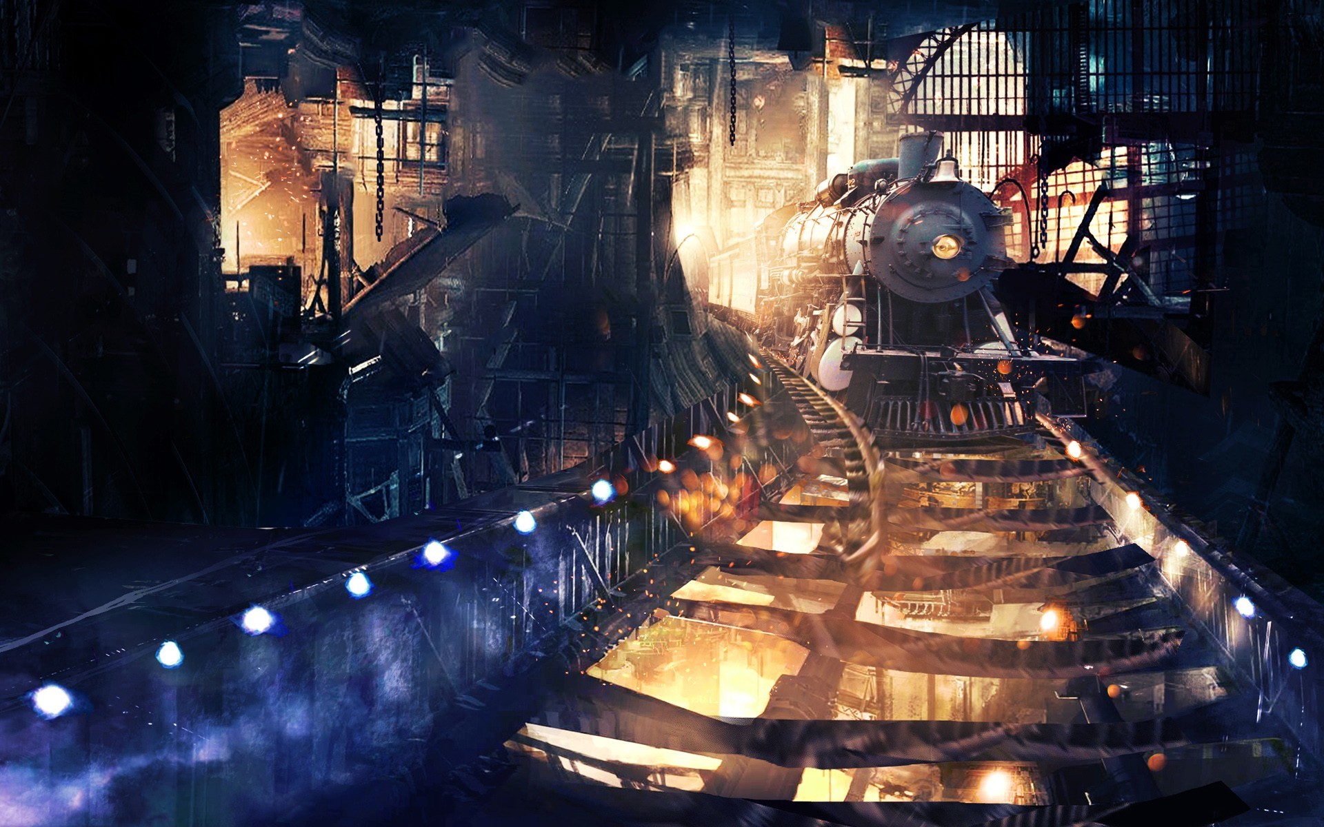 Treno, Città notturna, Steampunk, Arte digitale, 1920x1200, immagine di sfondo