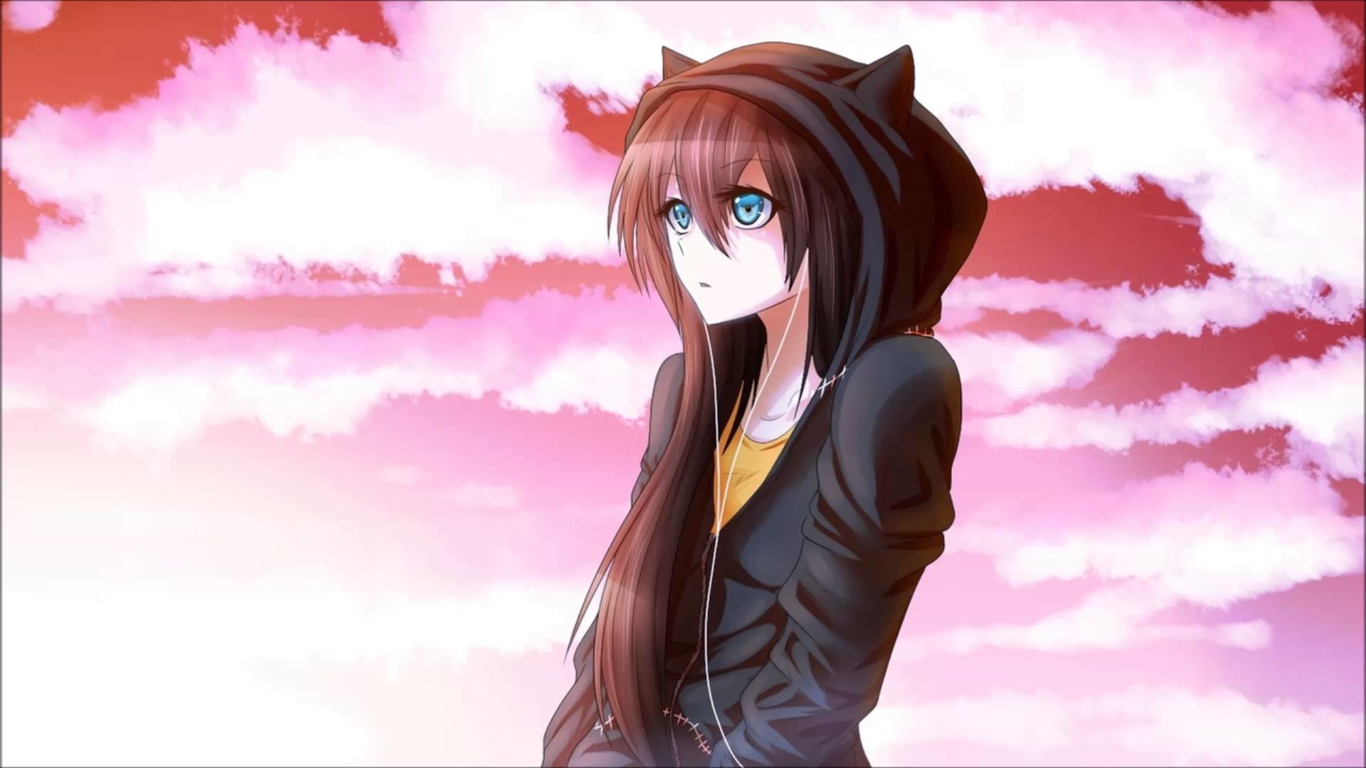 Ragazza anime, Felpa con orecchie, Nuvole rosa, Kawaii, Full HD, wallpaper desktop
