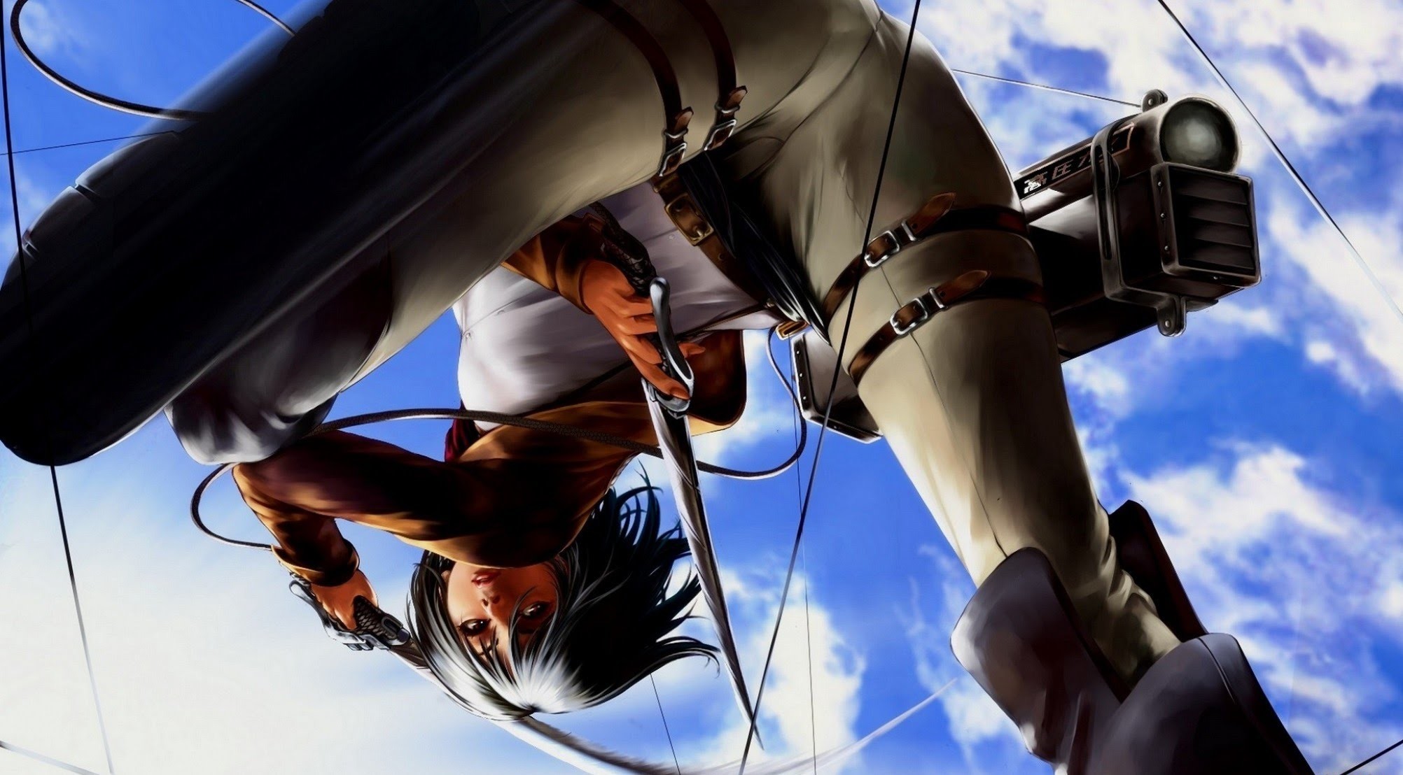 Mikasa Ackerman, L'attacco dei giganti, Movimento tridimensionale, Cielo, Vista dal basso, wallpaper desktop