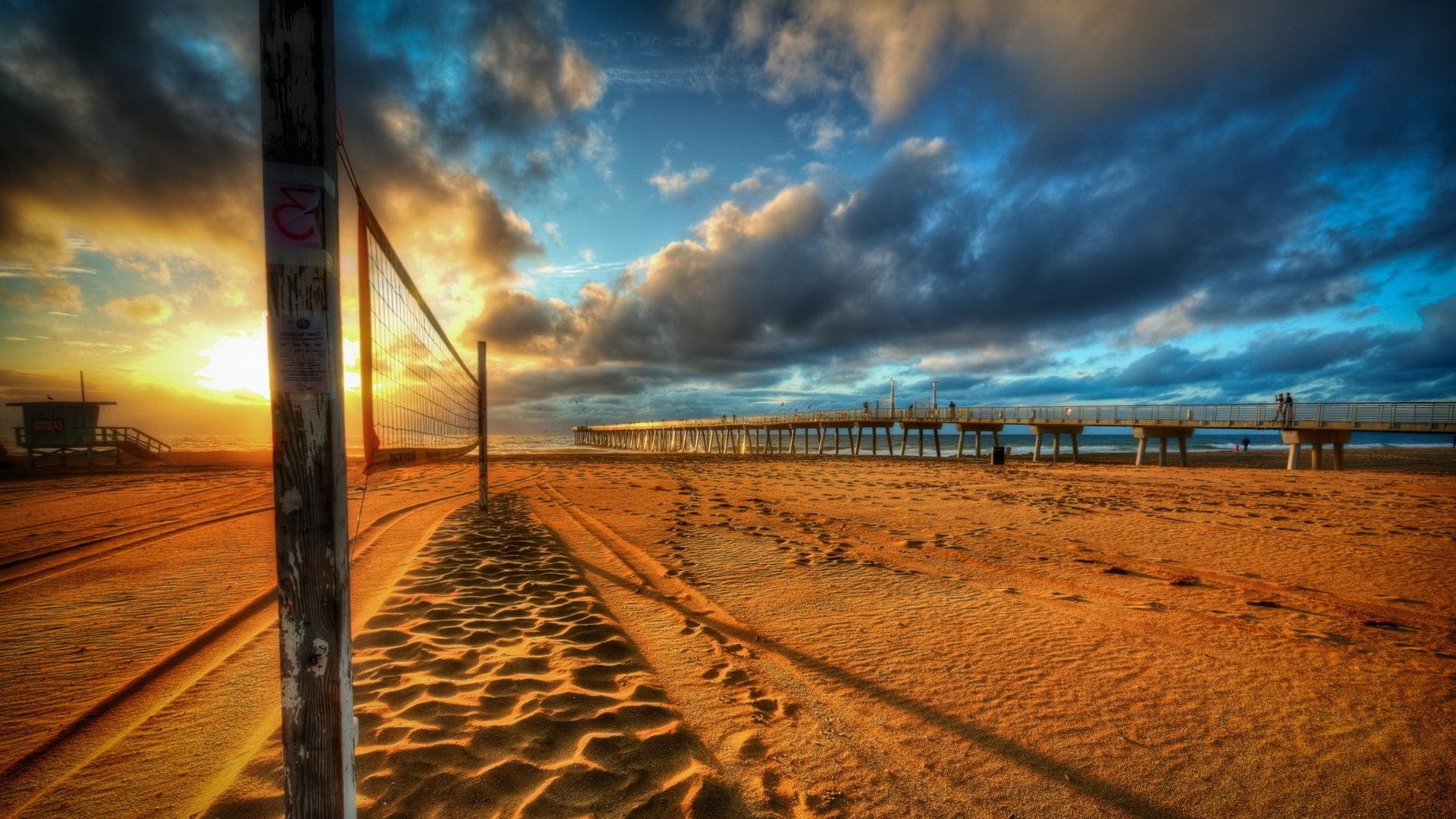 Beach volley, Rete, Spiaggia, Tramonto, HDR, 1920x1080, immagine di sfondo