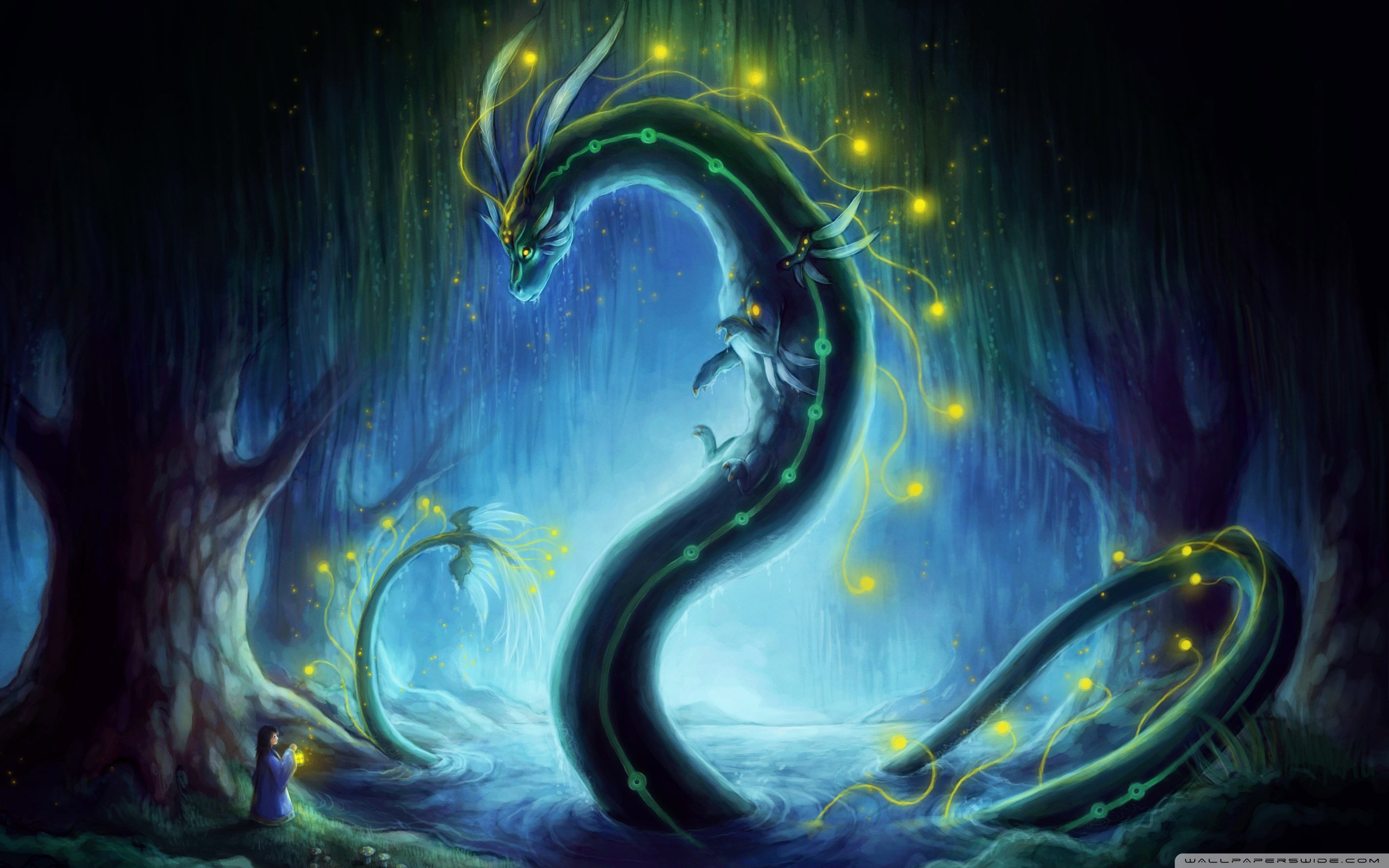 Drago serpente, Foresta, Lucciole, Arte fantasy, 16:10 2K, sfondo widescreen