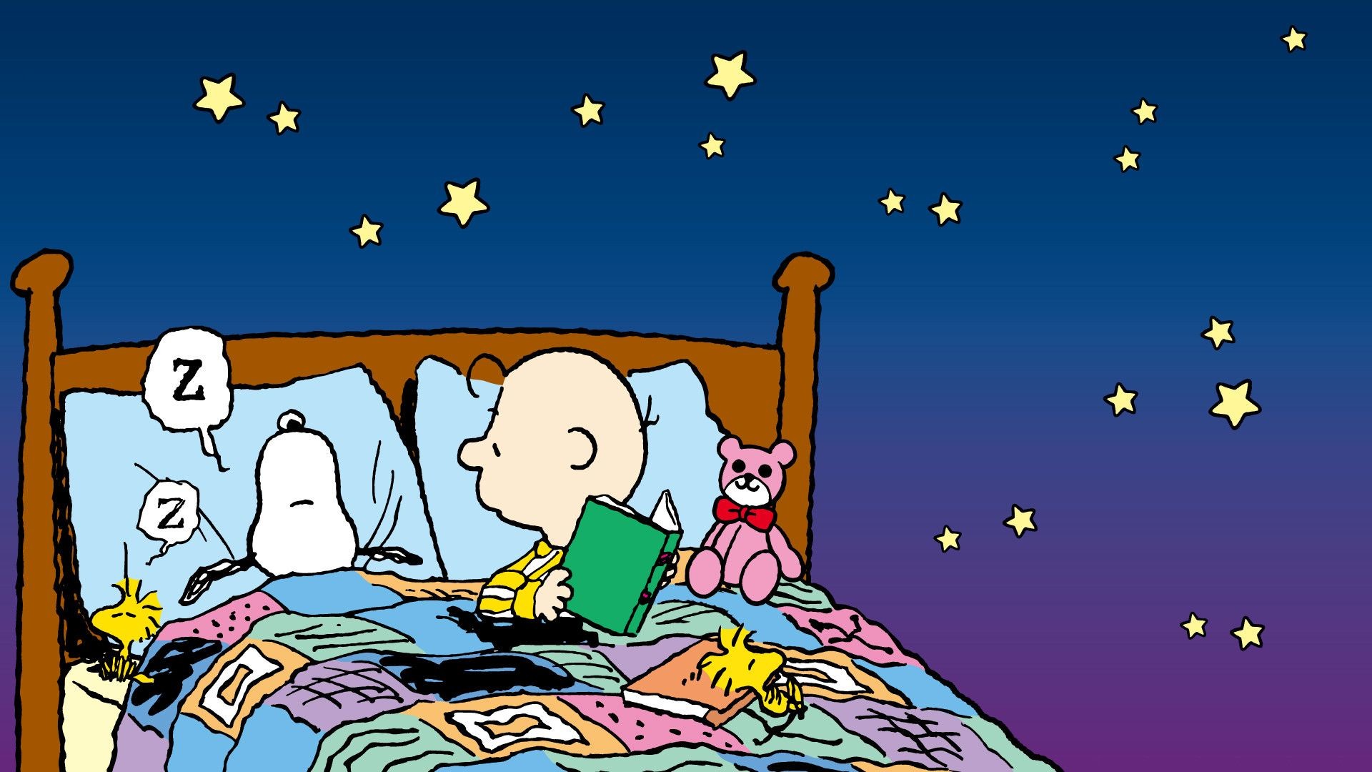 Snoopy, Charlie Brown, Woodstock, Notte stellata, Full HD, sfondo per PC