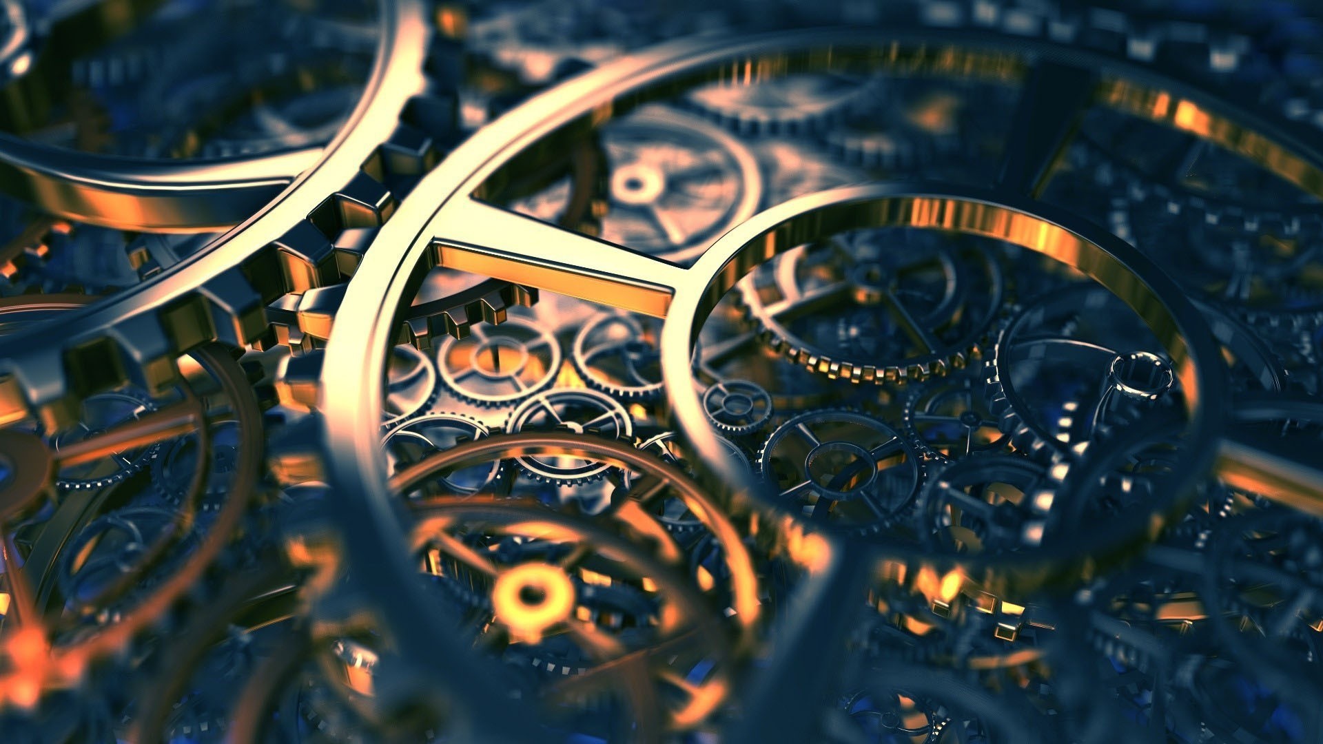 Ingranaggi, Meccanismo, Oro, Arte 3D, sfondo iMac Full HD