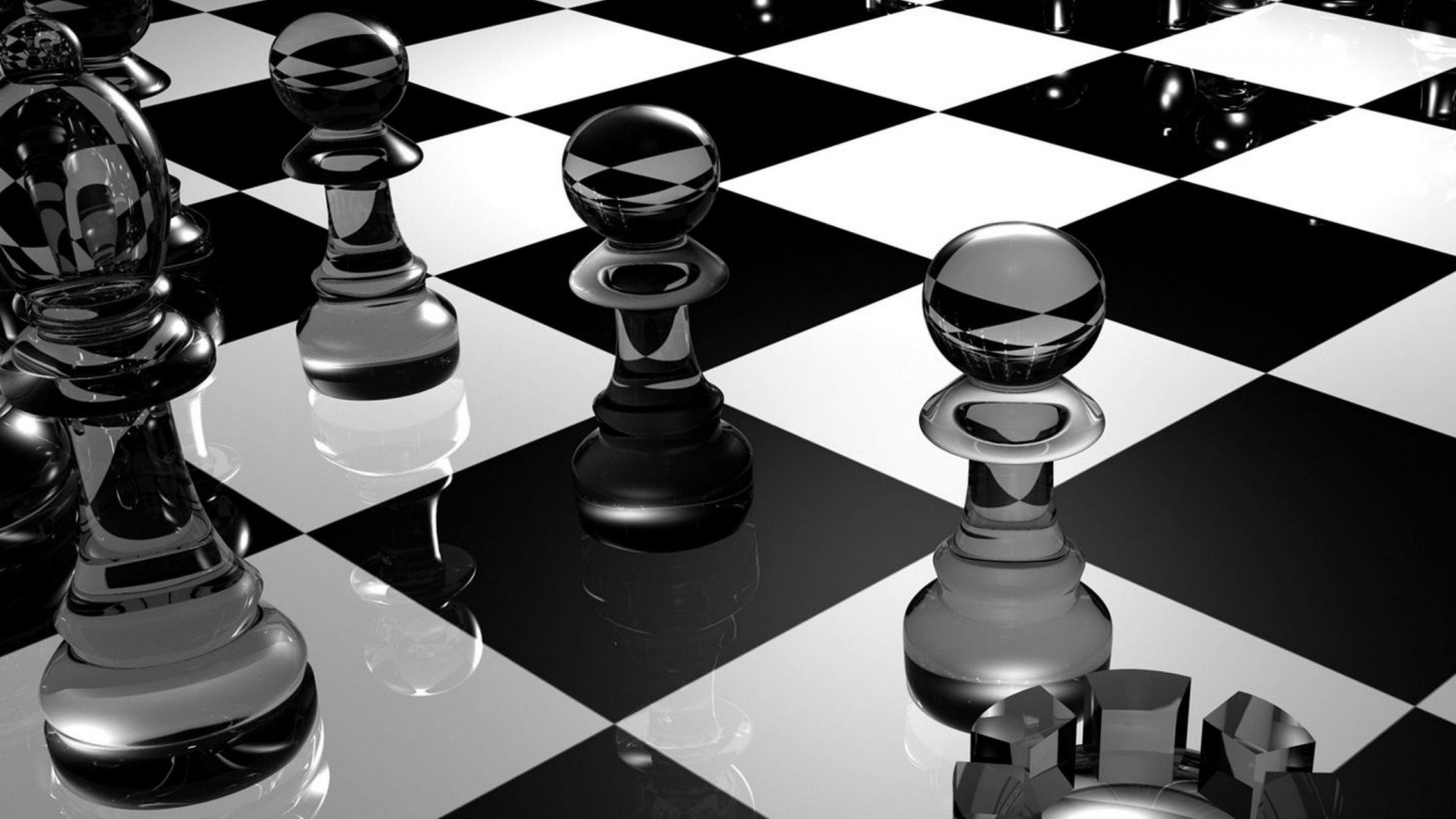 Scacchi di vetro, Scacchiera, Bianco e nero, Riflessi, Full HD, sfondo per PC