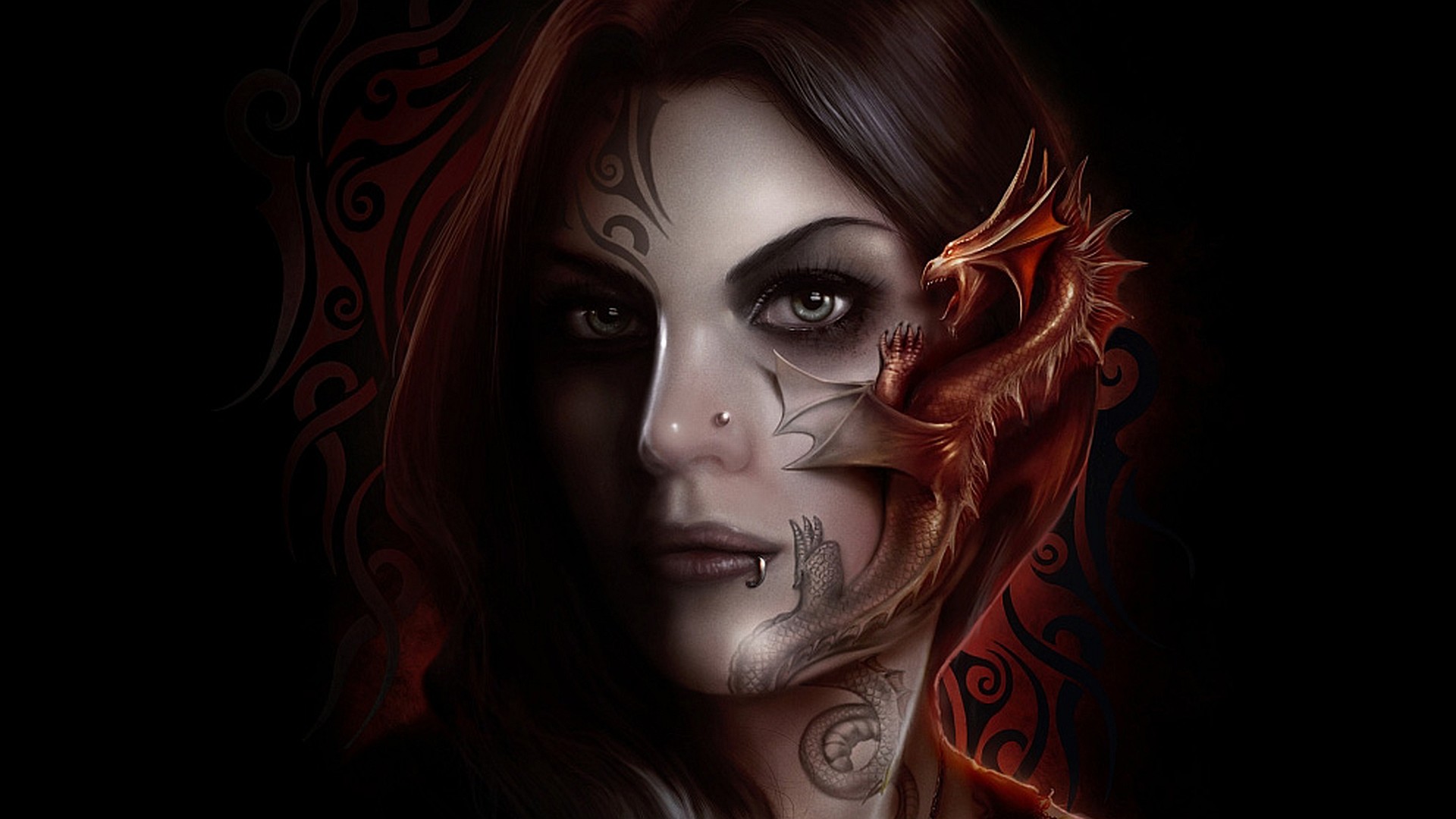 Tatuaggio sul viso, Drago, Donna, Arte digitale, Full HD, wallpaper per portatile