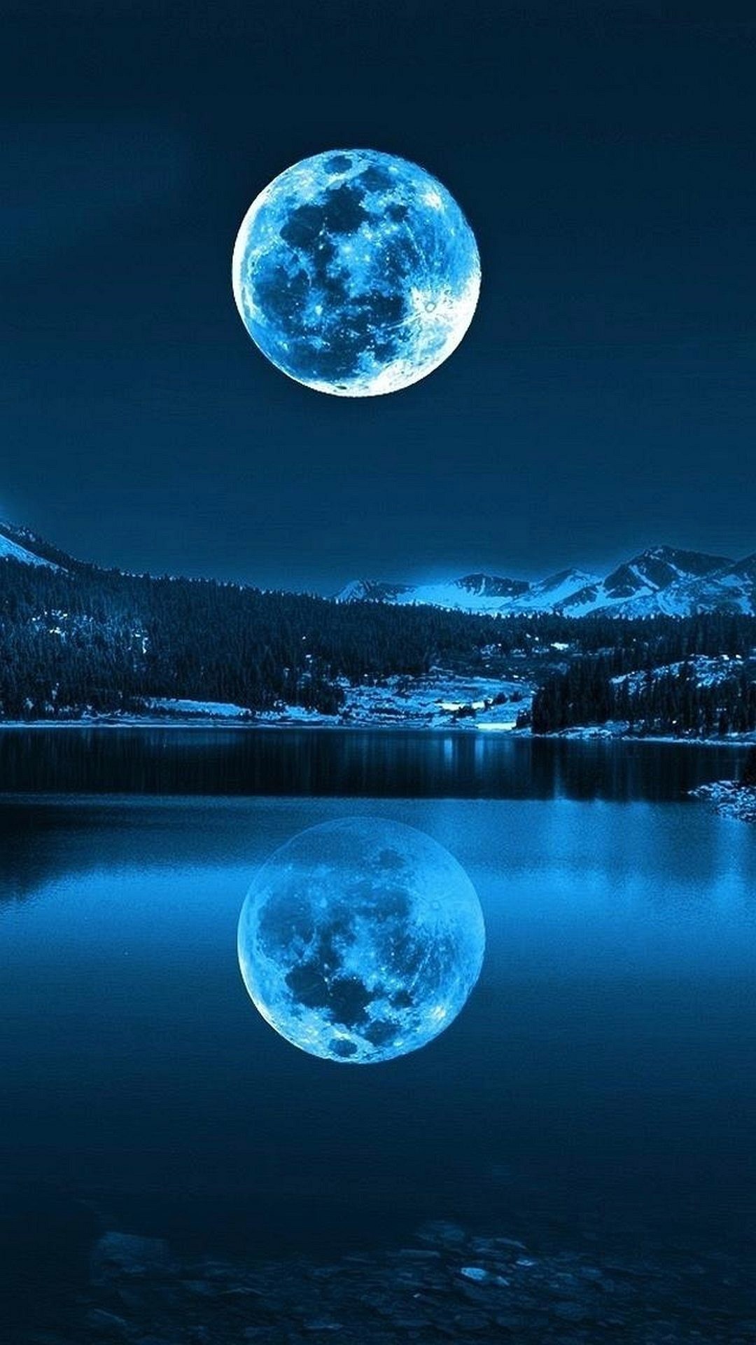 Luna piena, Lago, Notte, Riflesso, Blu, sfondo Full HD per smartphone