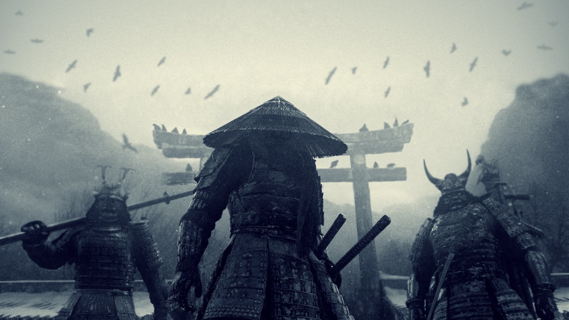 Samurai, Torii, Cappello di paglia, Nebbia, 1920x1080, sfondo per PC