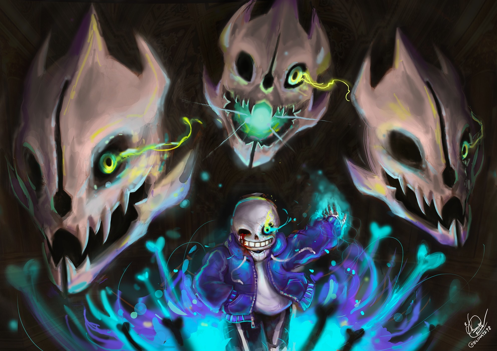 Sans, Gaster Blaster, Undertale, Fan art, Azzurro, Full HD, sfondo per PC e portatile