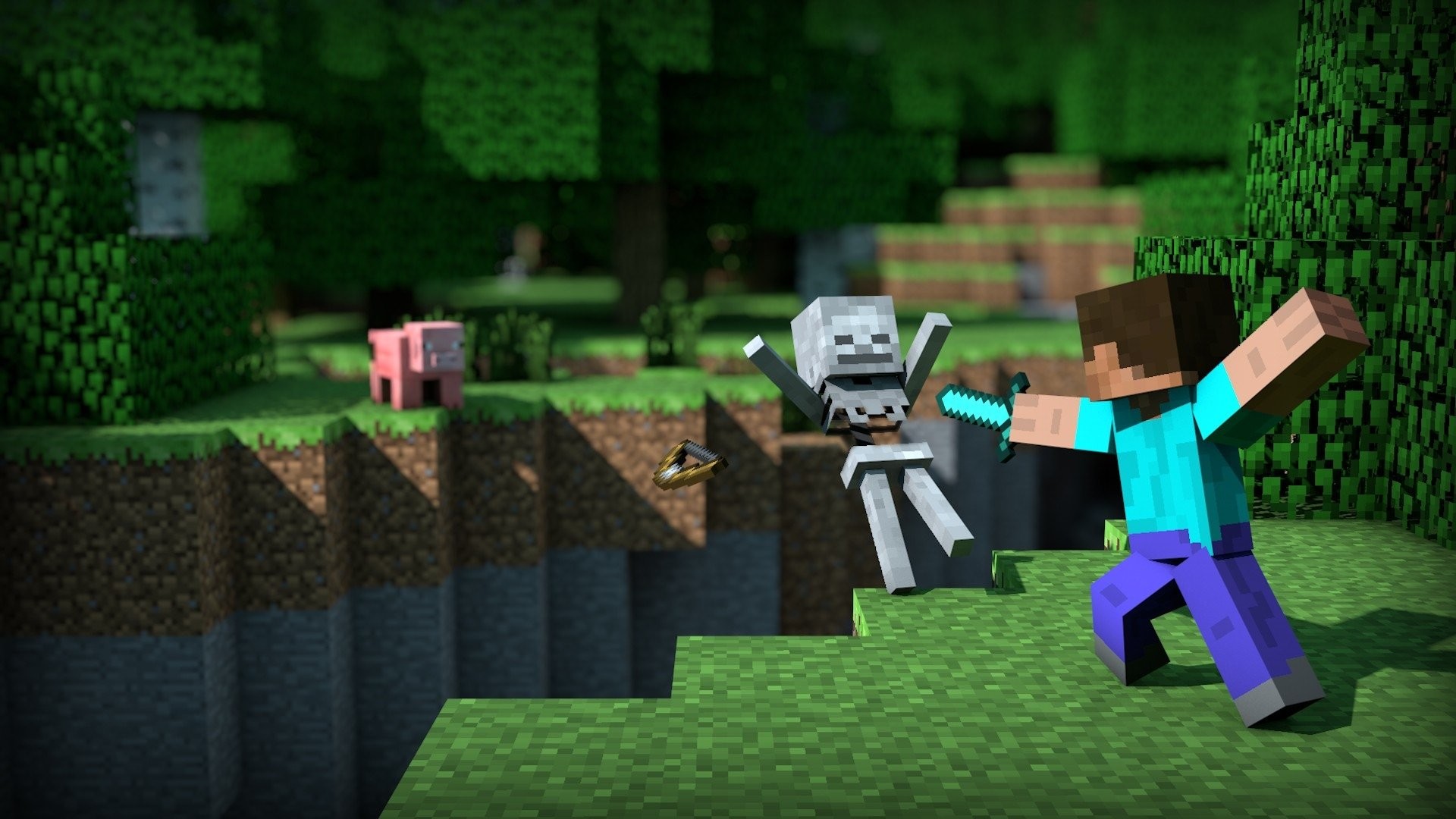 Steve, Scheletro, Minecraft, Maiale, Battaglia, Full HD, sfondo per portatile