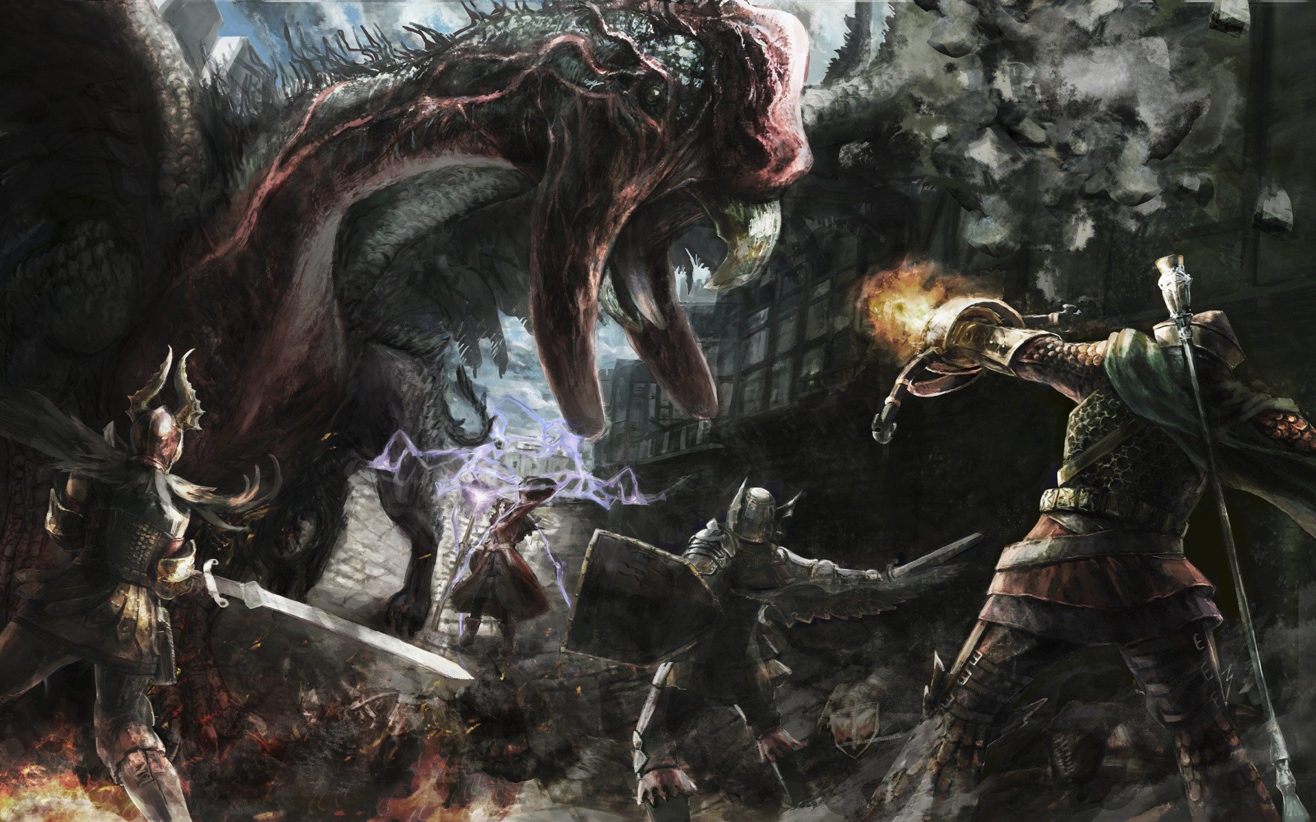 Drago, Battaglia, Fantasy, Guerrieri, Magia, 1920x1200, immagine di sfondo