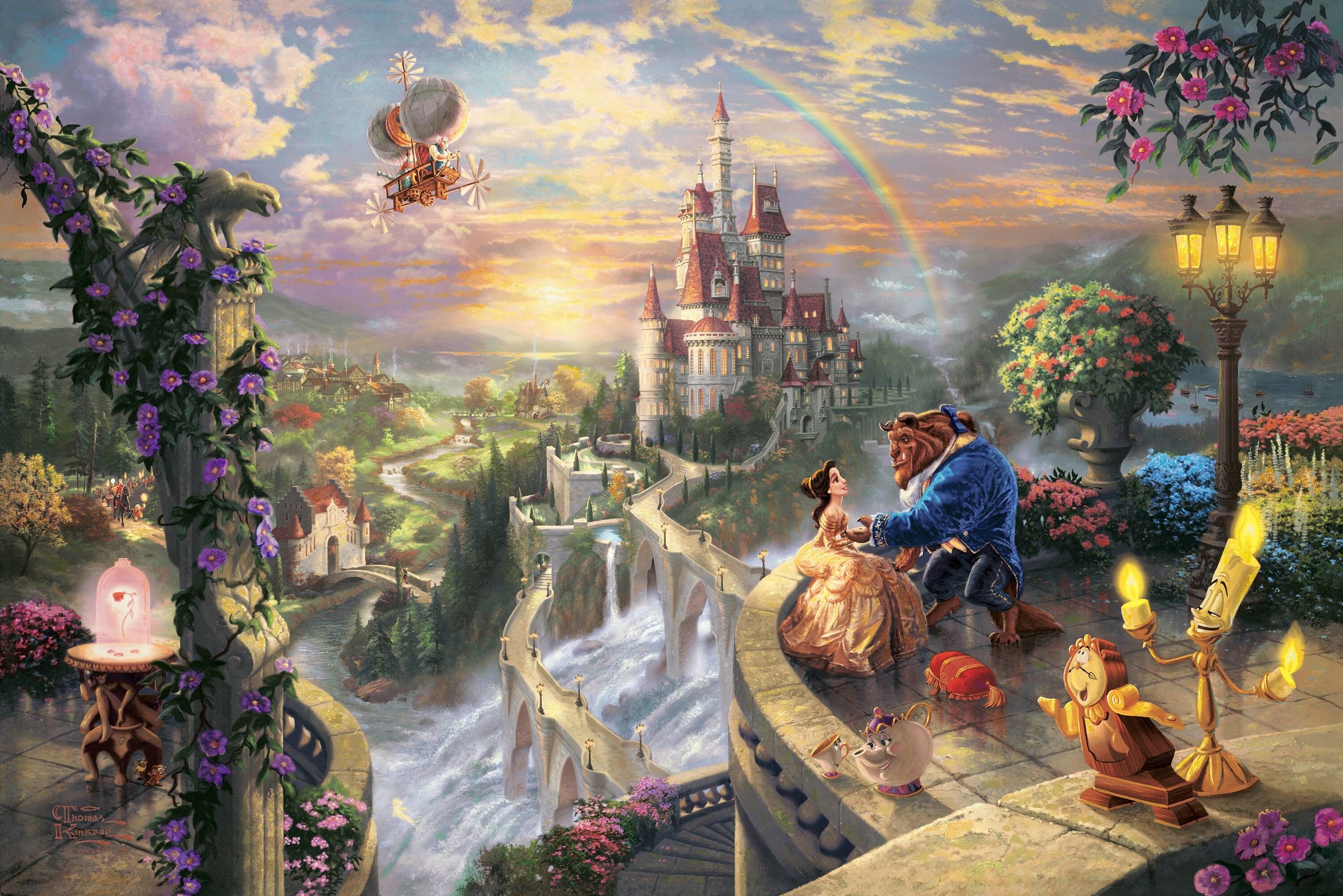 La Bella e la Bestia, Belle, Bestia, Thomas Kinkade, Castello, 2K, sfondo per PC e portatile