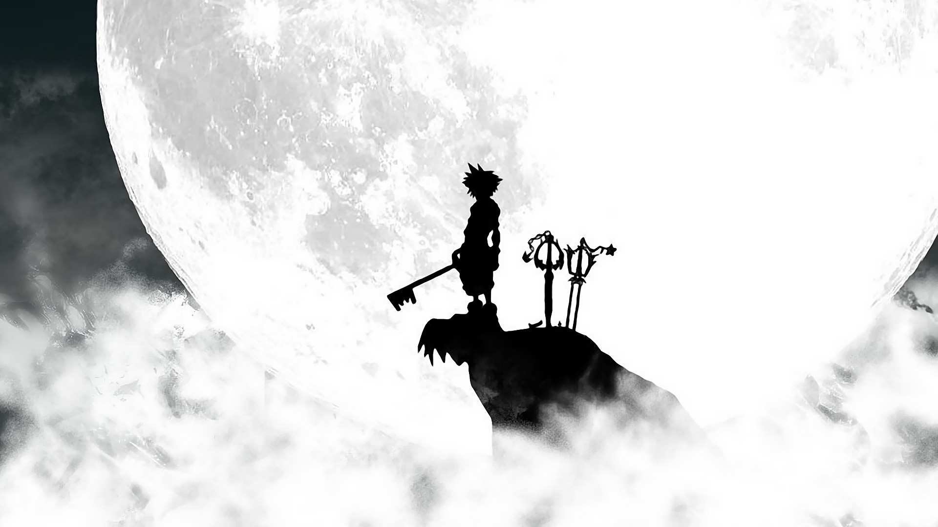 Sora, Kingdom Hearts, Luna, Silhouette, Bianco e nero, Full HD, sfondo per PC e portatile