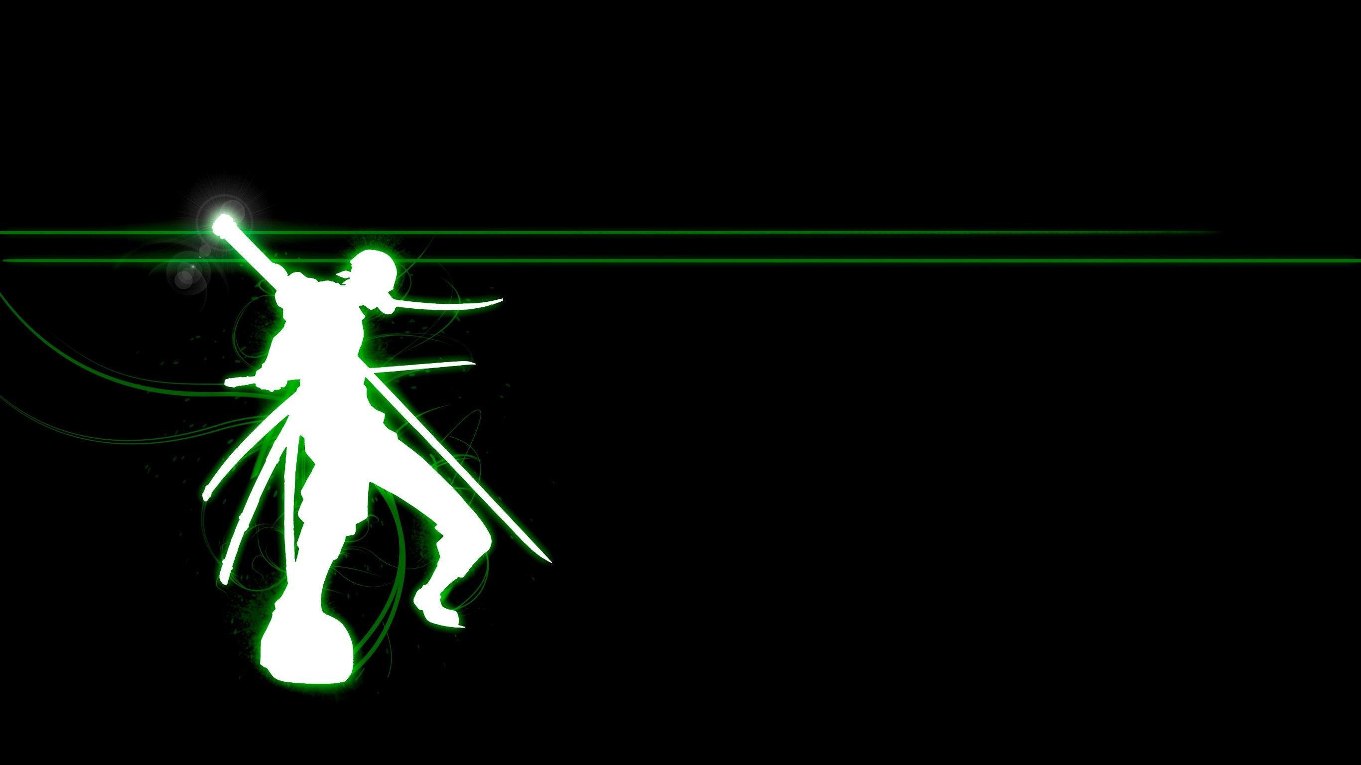 Roronoa Zoro, One Piece, Silhouette, Neon verde, Sfondo nero, 2K, wallpaper per PC