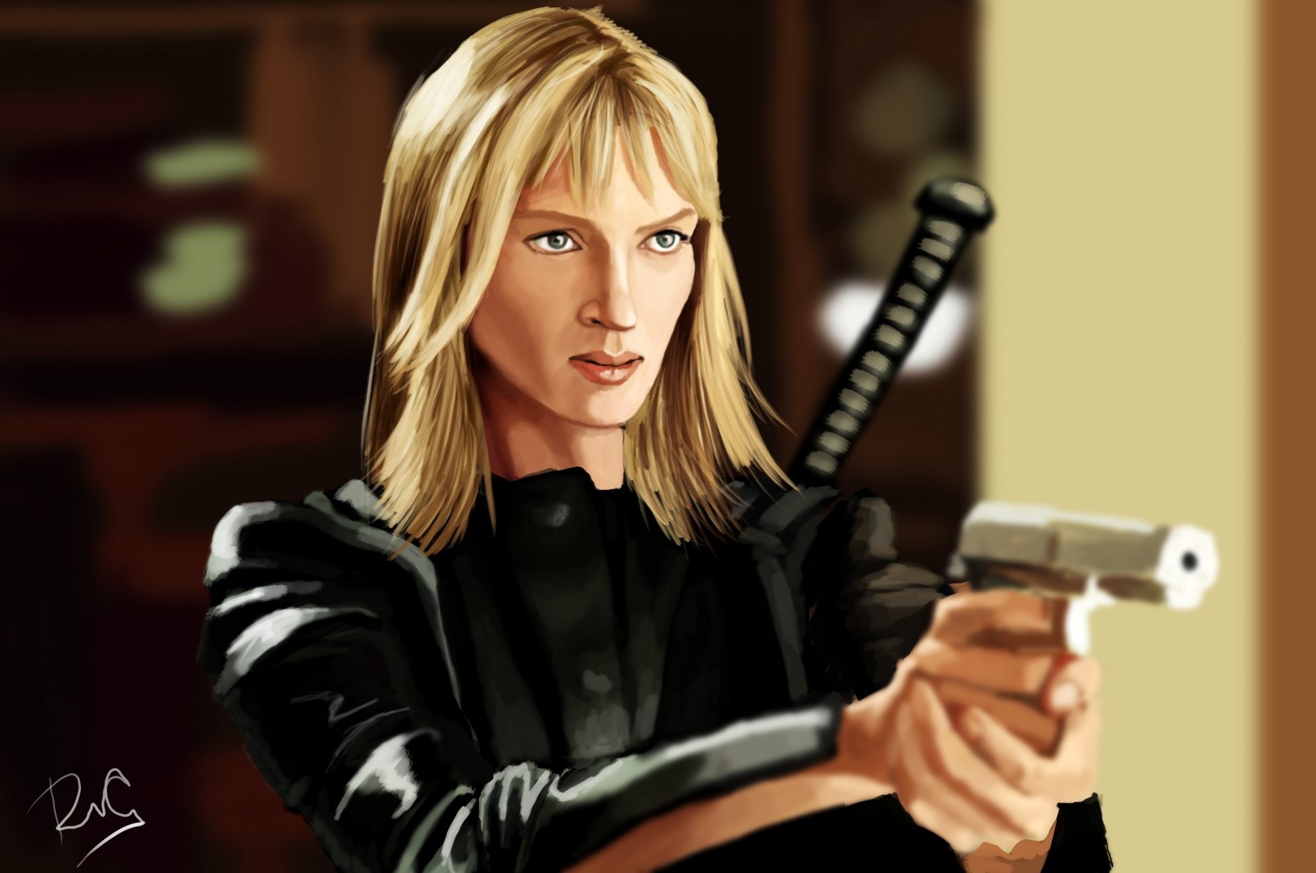 Uma Thurman, La Sposa, Kill Bill, Pittura digitale, Pistola, Full HD, sfondo per PC