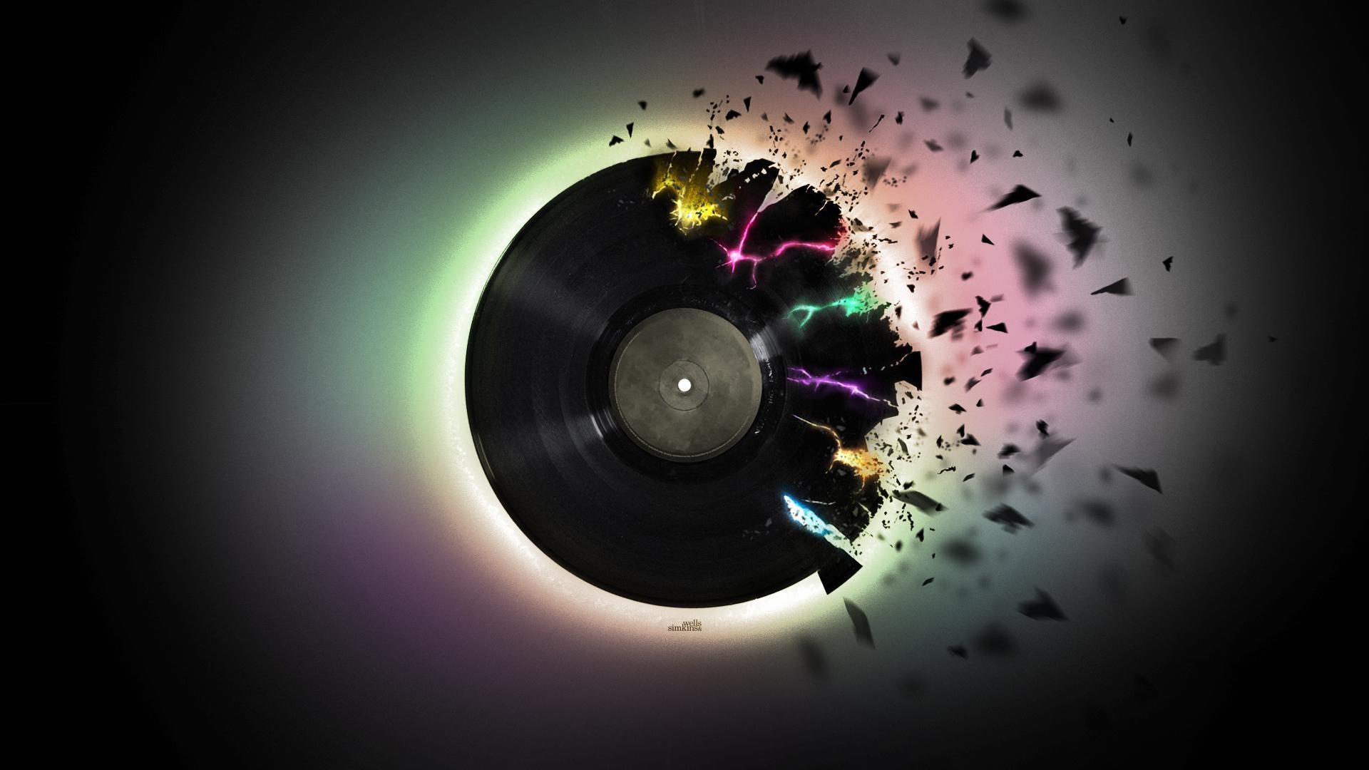Disco in vinile, Frammenti, Arte digitale, Sfondo nero, 16:9 Full HD, wallpaper widescreen