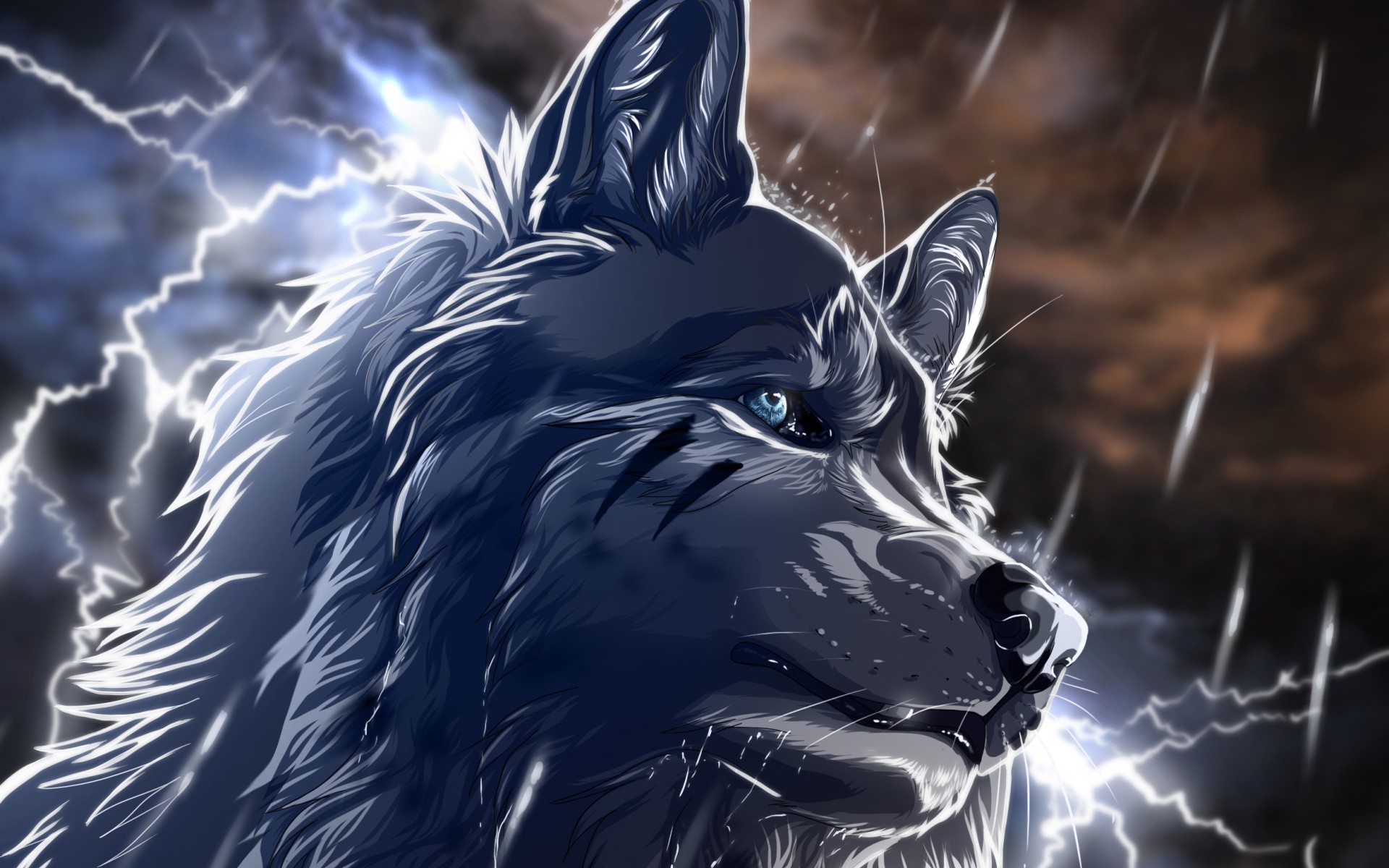 Lupo, Fulmini, Pioggia, Illustrazione, Full HD, wallpaper per computer